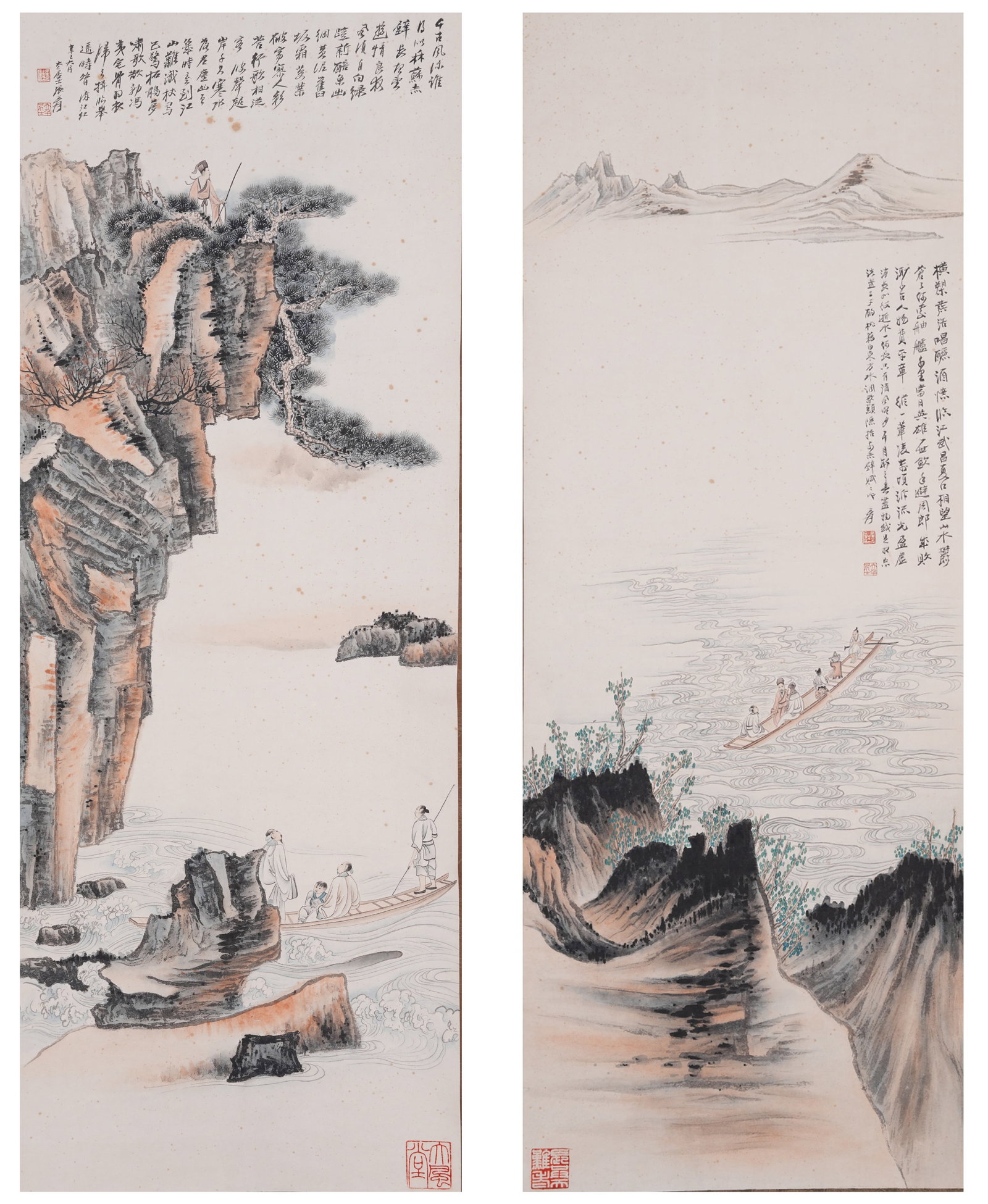 A TWO LANDSCAPE AND FIGURE PAINTINGS ON PAPER BY ZHANG DAQIAN.張大千 (1 of 18)