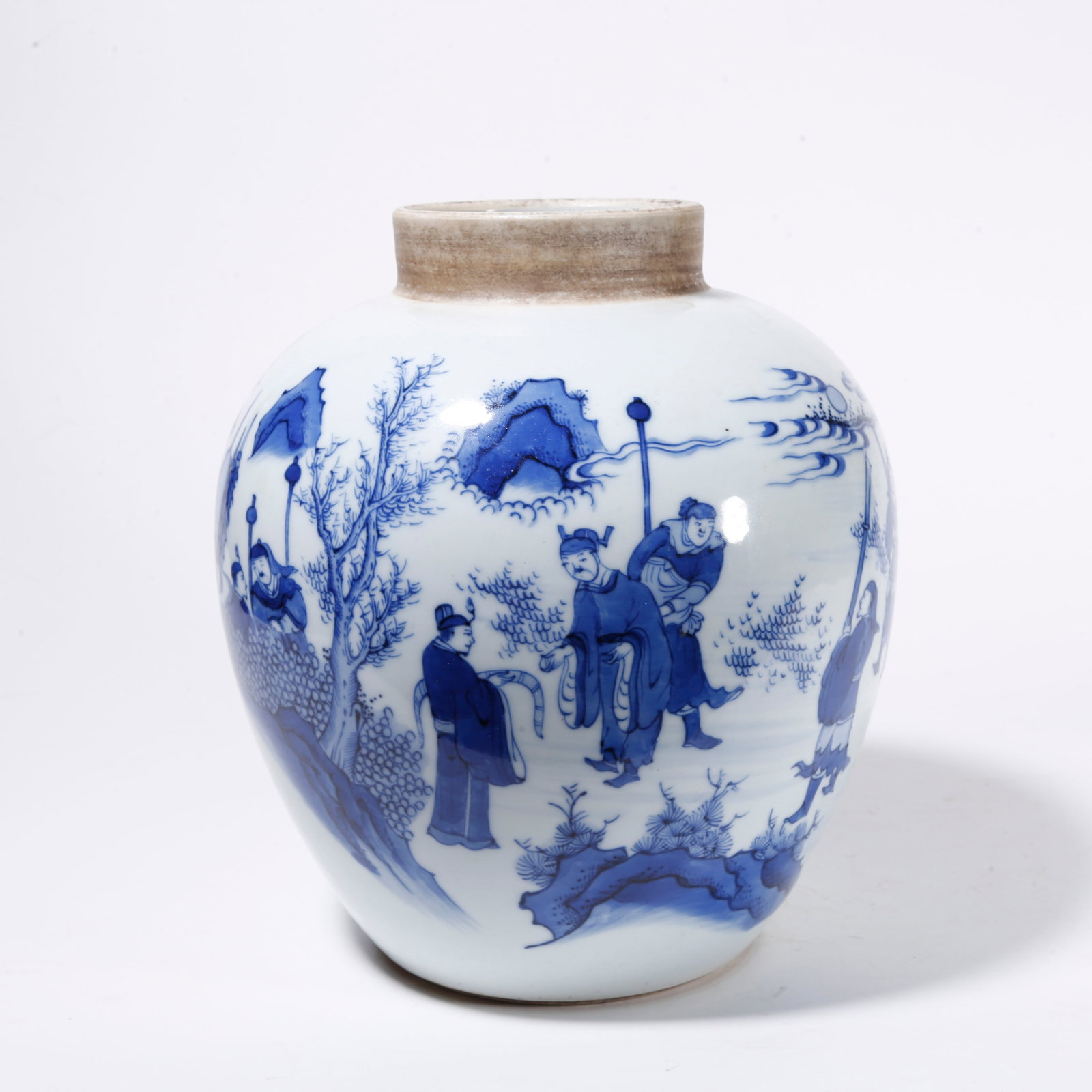 A BLUE AND WHITE JAR WITH FIGURE AND STORY MOTIFS: Blue and White Jar with Figure and Story Motifs