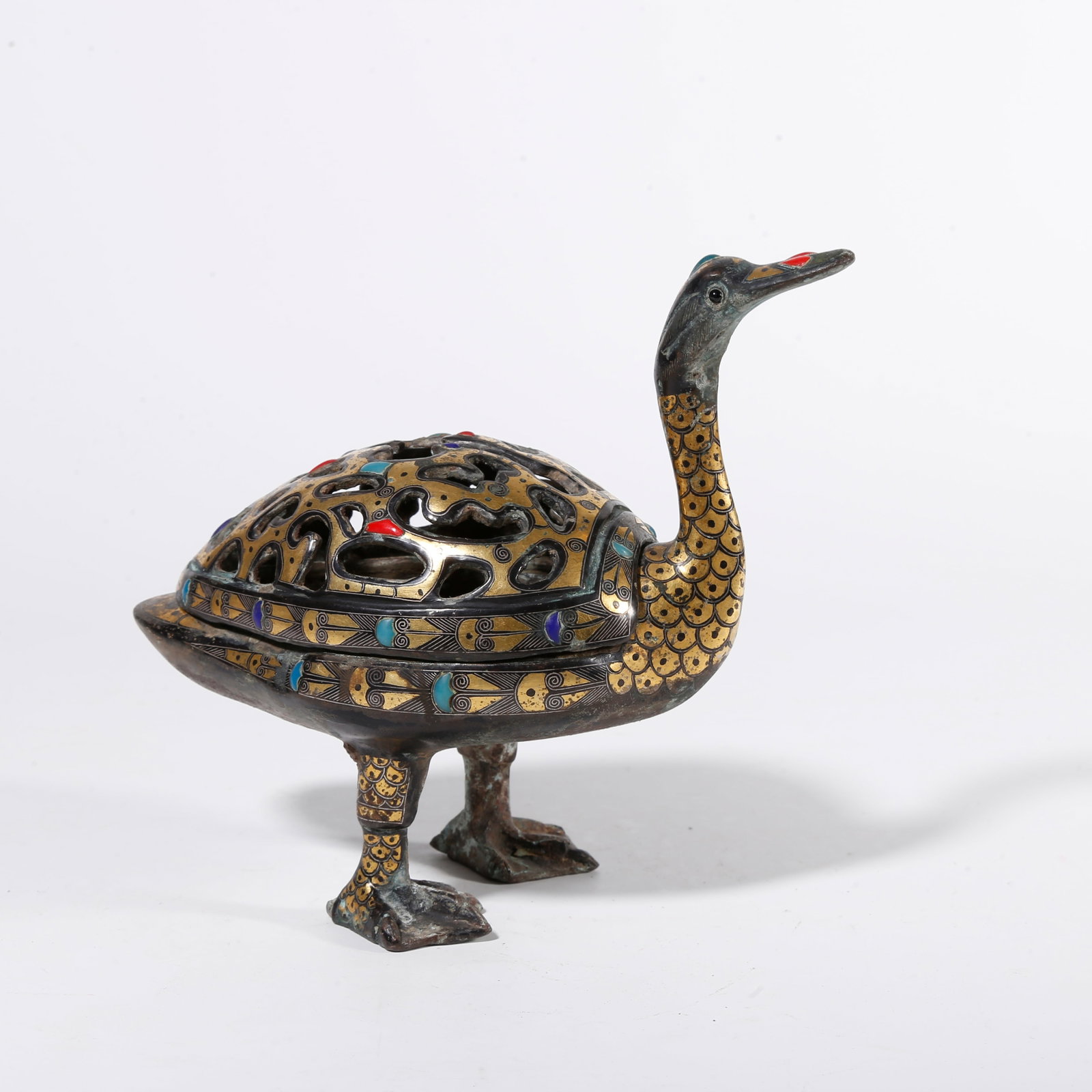 A BRONZE DUCK-SHAPED INCENSE BURNER WITH GOLD INLAY: Bronze Duck-shaped Incense Burner with Gold Inlay