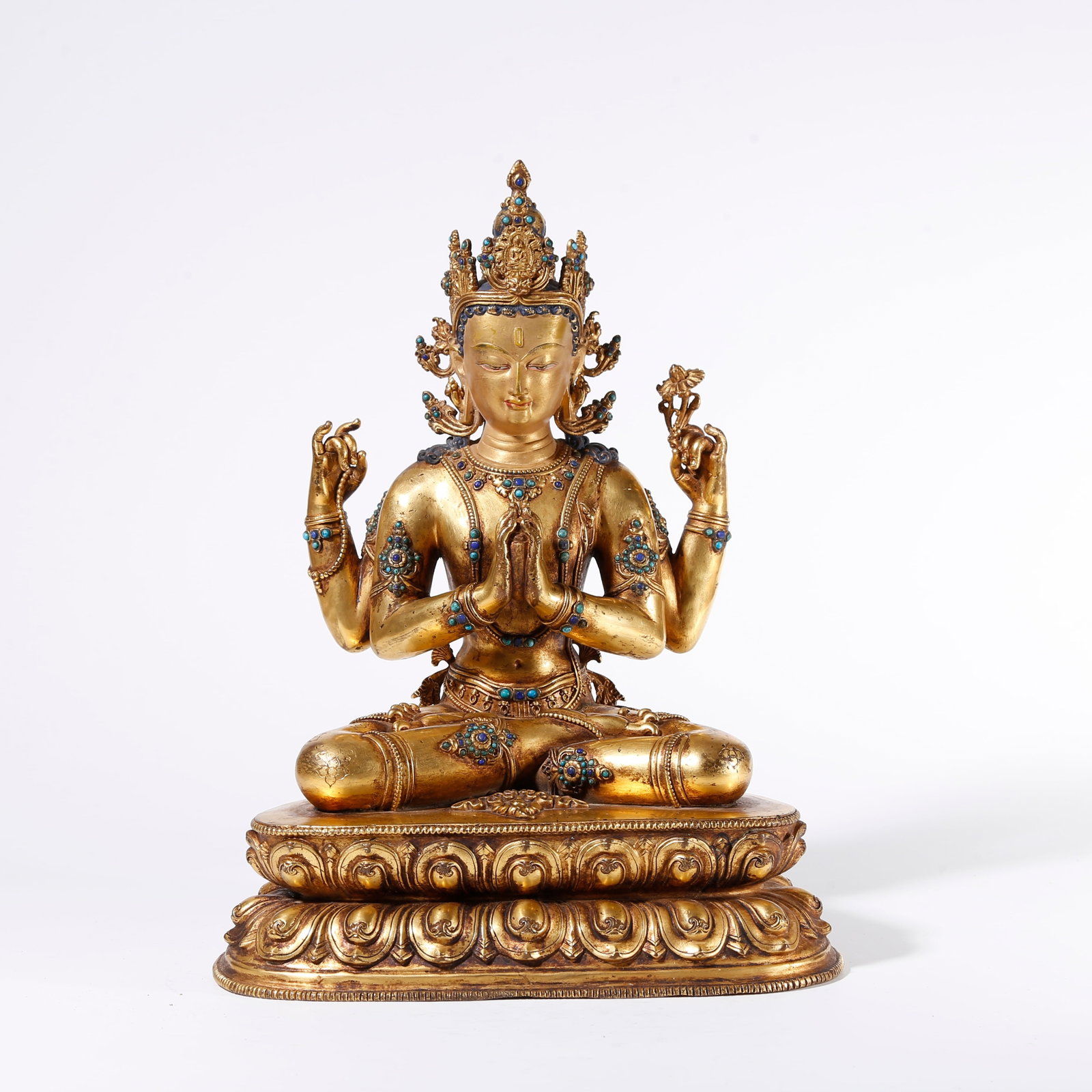 A GILT BRONZE STATUE OF FOUR-ARMED AVALOKITESHVARA: Gilt Bronze Statue of Four-armed Avalokiteshvara