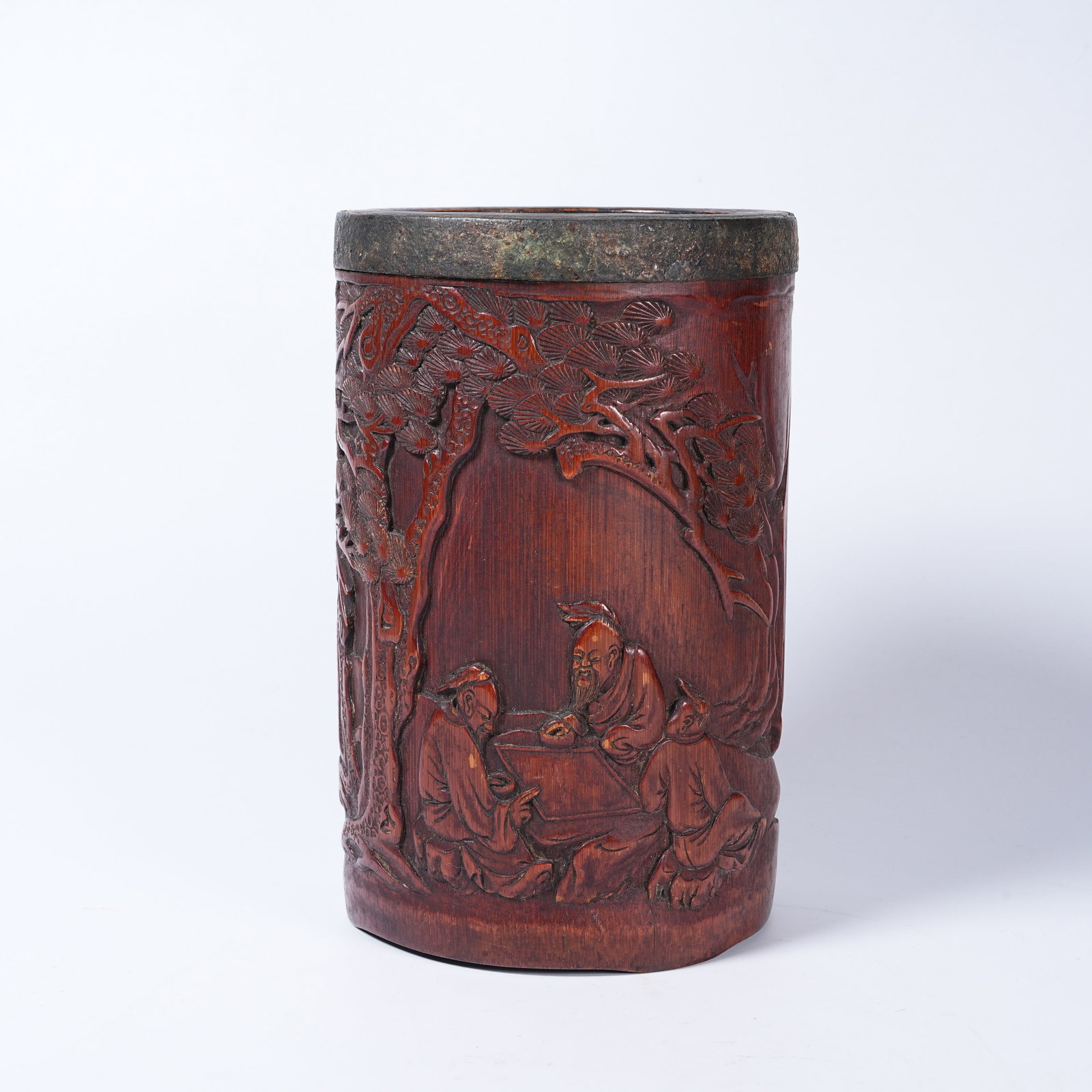 A BAMBOO ROOT CARVED BRUSH POT WITH SCHOLARS UNDER PINES (1 of 9)