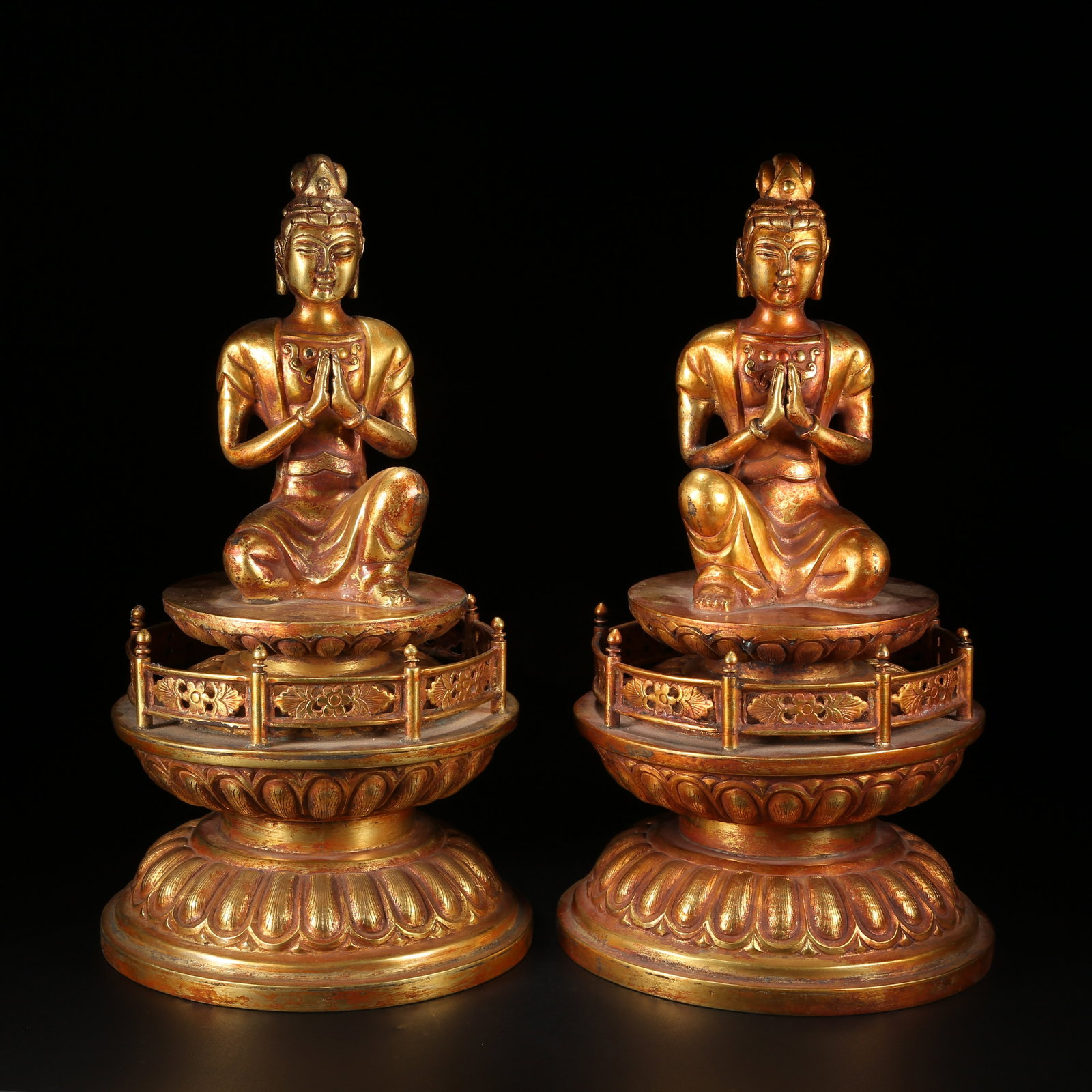 A SET OF GILT BRONZE ATTENDANT BODHISATTVA STATUES: Set of Gilt Bronze Attendant Bodhisattva Statues