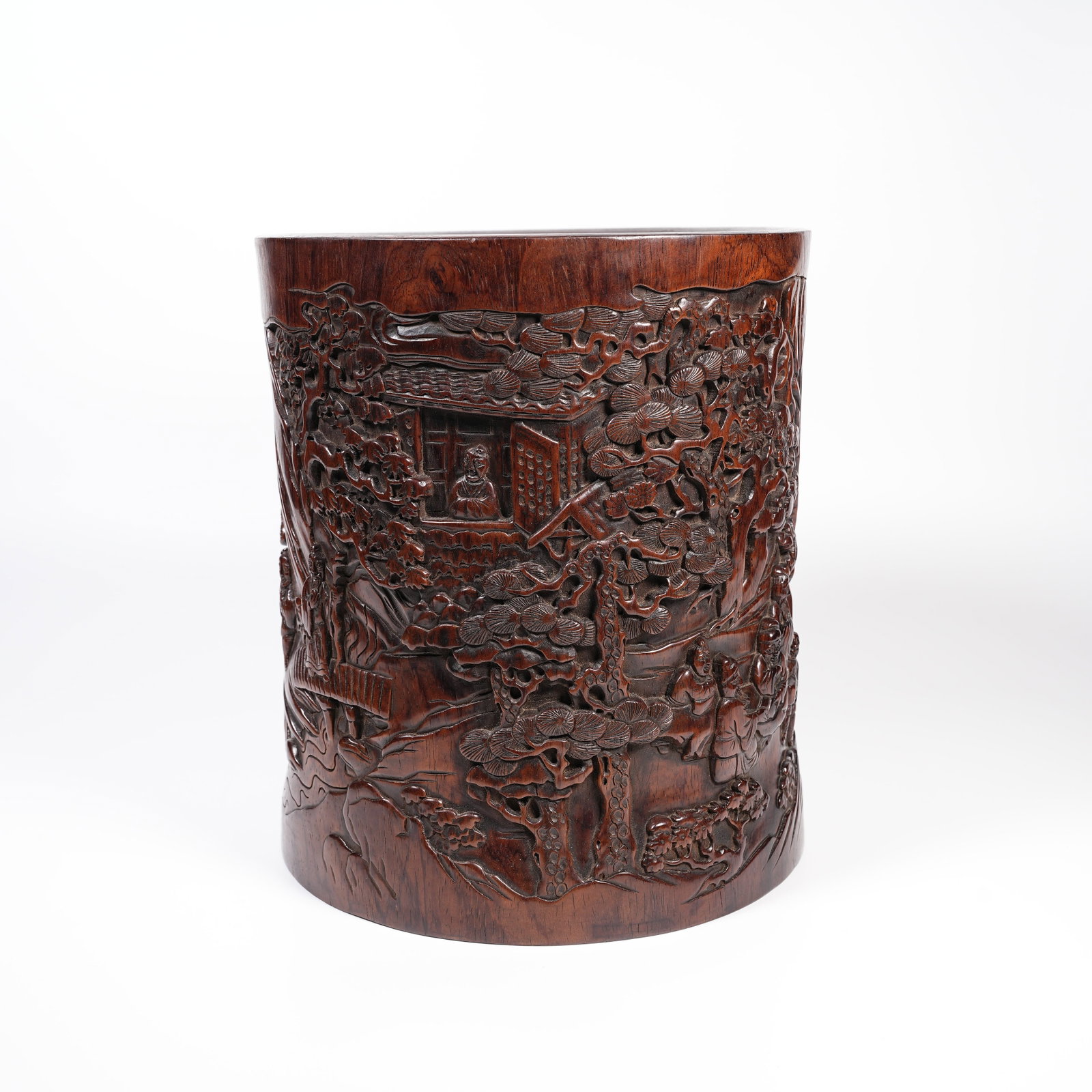 A HUANGHUALI WOOD BRUSH POT WITH SCHOLAR-UNDER-PINE PATTERN (1 of 9)