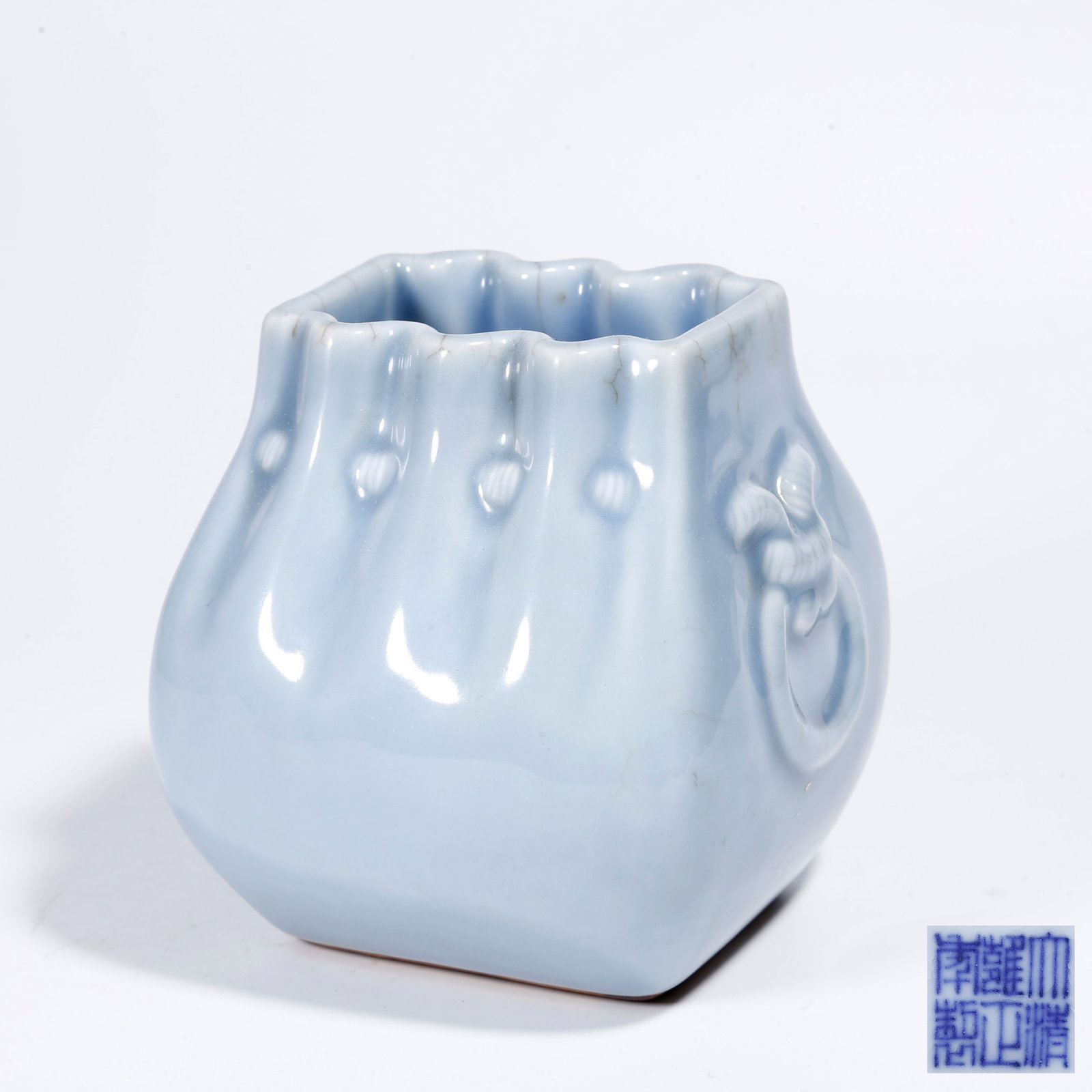 A SKY-BLUE GLAZE DOUBLE-EAR WATER POT: Sky-blue Glaze Double-ear Water Pot