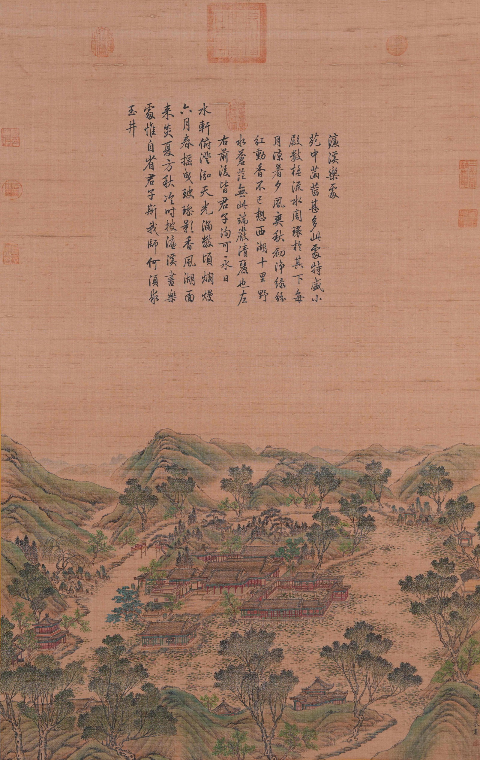 A COURTYARD LANDSCAPE PAINTING ON SILK BY GIUSEPPE CASTIGLIONE.郎世寧: Courtyard Landscape Painting on Silk by Giuseppe Castiglione.郎世寧
