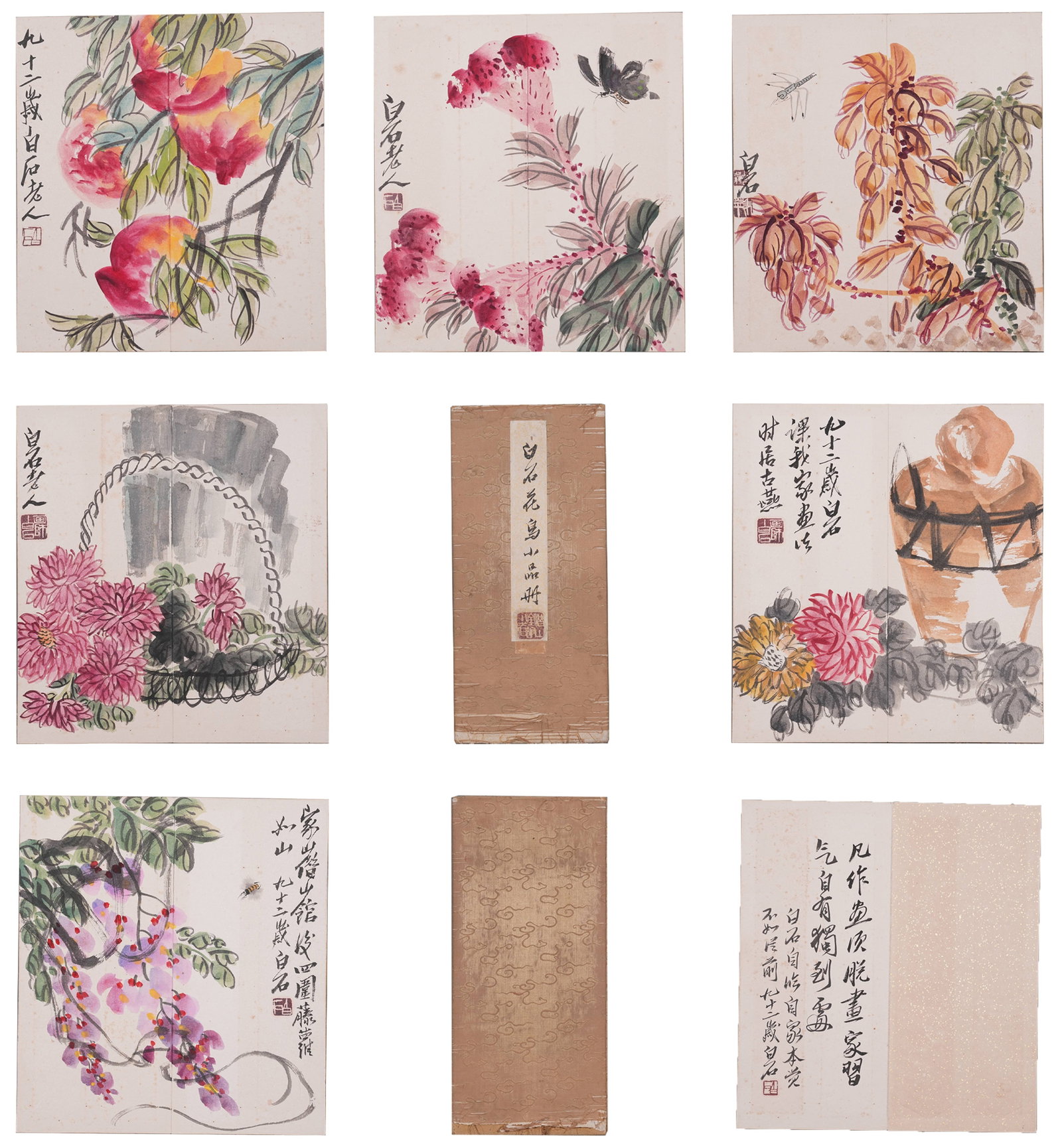 A ALBUM OF FLOWER PAINTINGS ON PAPER BY QI BAISHI (6 LEAVES).齊白石: Album of Flower Paintings on Paper by Qi Baishi (6 Leaves).齊白石