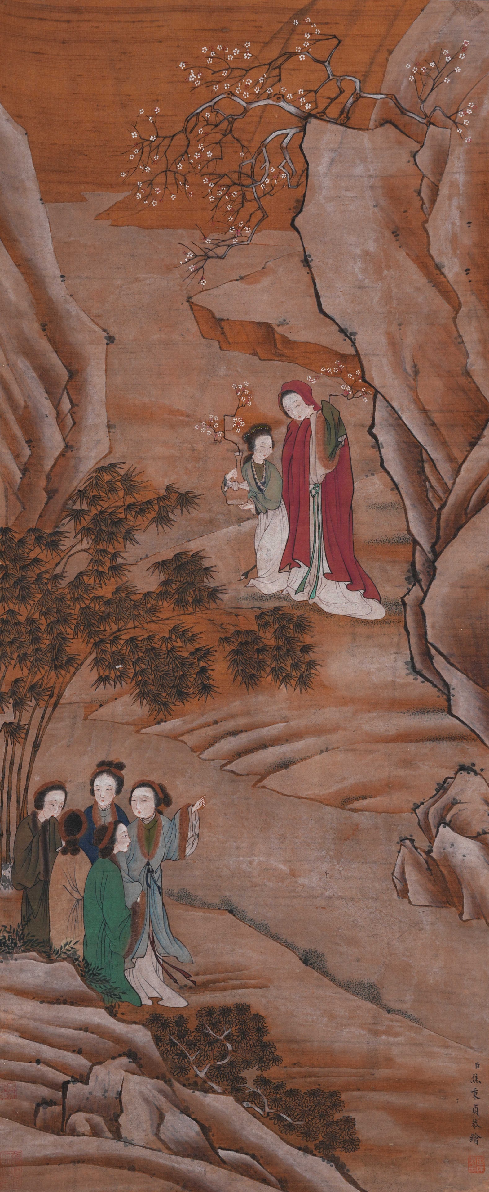 A FIGURE PAINTING ON SILK BY JIAO BINGZHEN.焦秉貞: Figure Painting on Silk by Jiao Bingzhen.焦秉貞