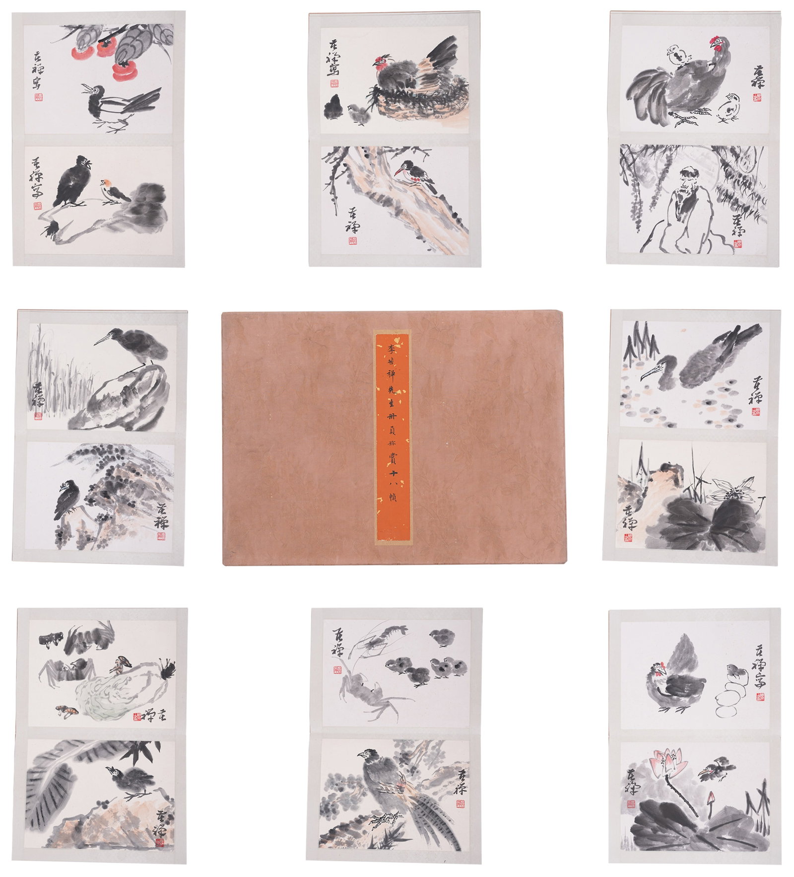 A ALBUM OF NINE FLOWER-AND-BIRD PAINTINGS ON PAPER BY LI KUCHAN.李苦禪: Album of Nine Flower-and-Bird Paintings on Paper by Li Kuchan.李苦禪