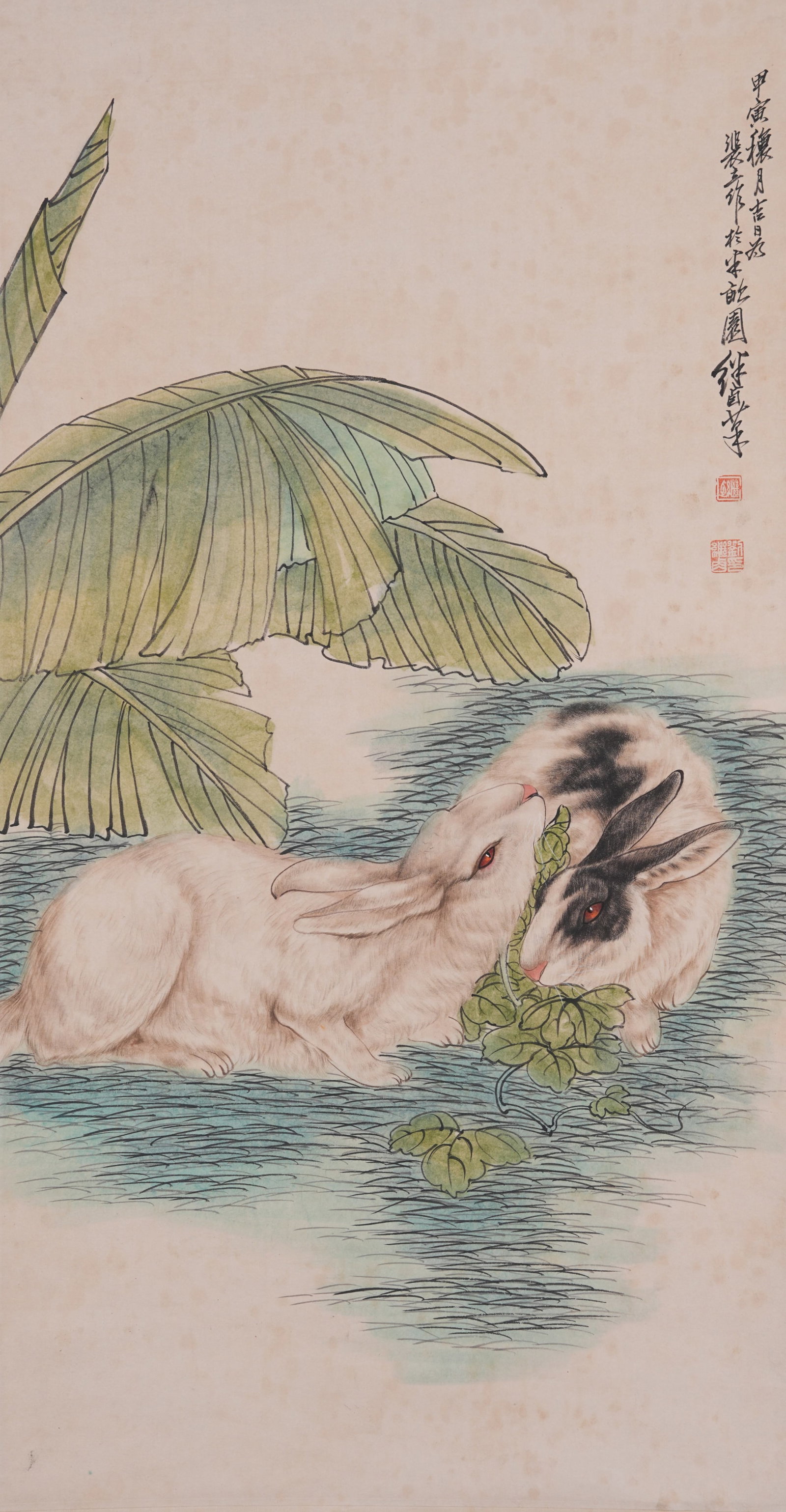 A DOUBLE RABBIT PAINTING ON PAPER BY LIU JIYOU.劉繼卣: Double Rabbit Painting on Paper by Liu Jiyou.劉繼卣