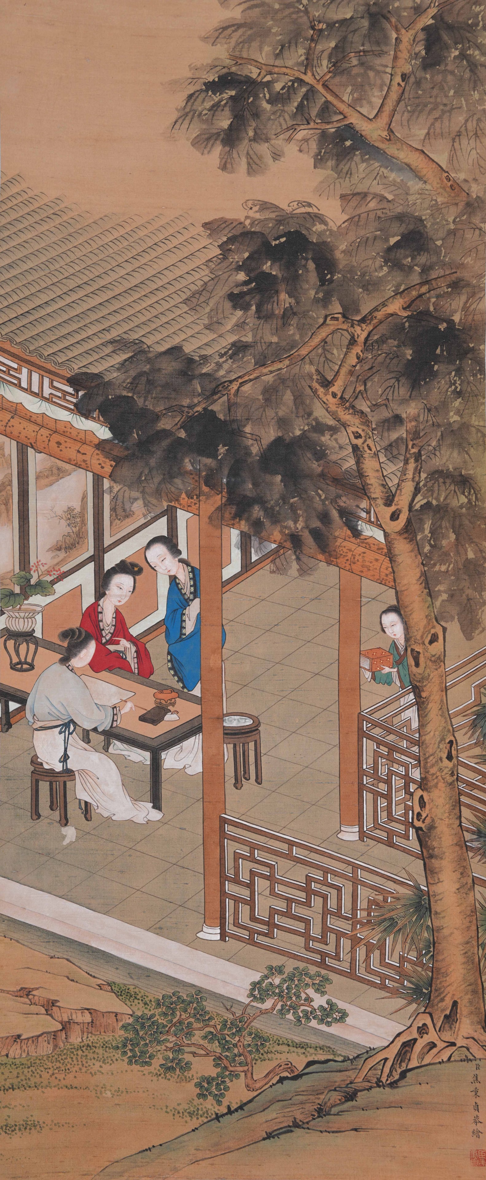 A LADIES PAINTING ON SILK BY JIAO BINGZHEN.焦秉貞: Ladies Painting on Silk by Jiao Bingzhen.焦秉貞