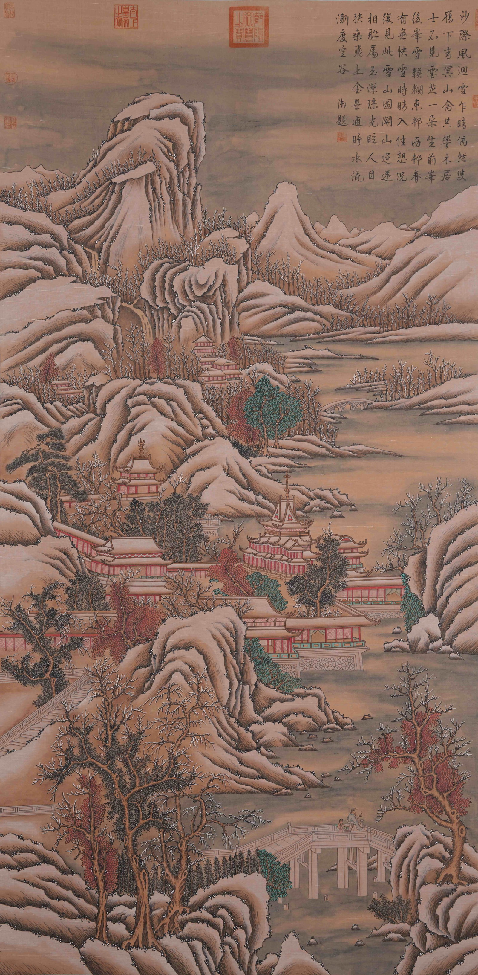A LANDSCAPE AND PAVILIONS PAINTING ON SILK BY DONG BANGDA.董邦達: Landscape and Pavilions Painting on Silk by Dong Bangda.董邦達