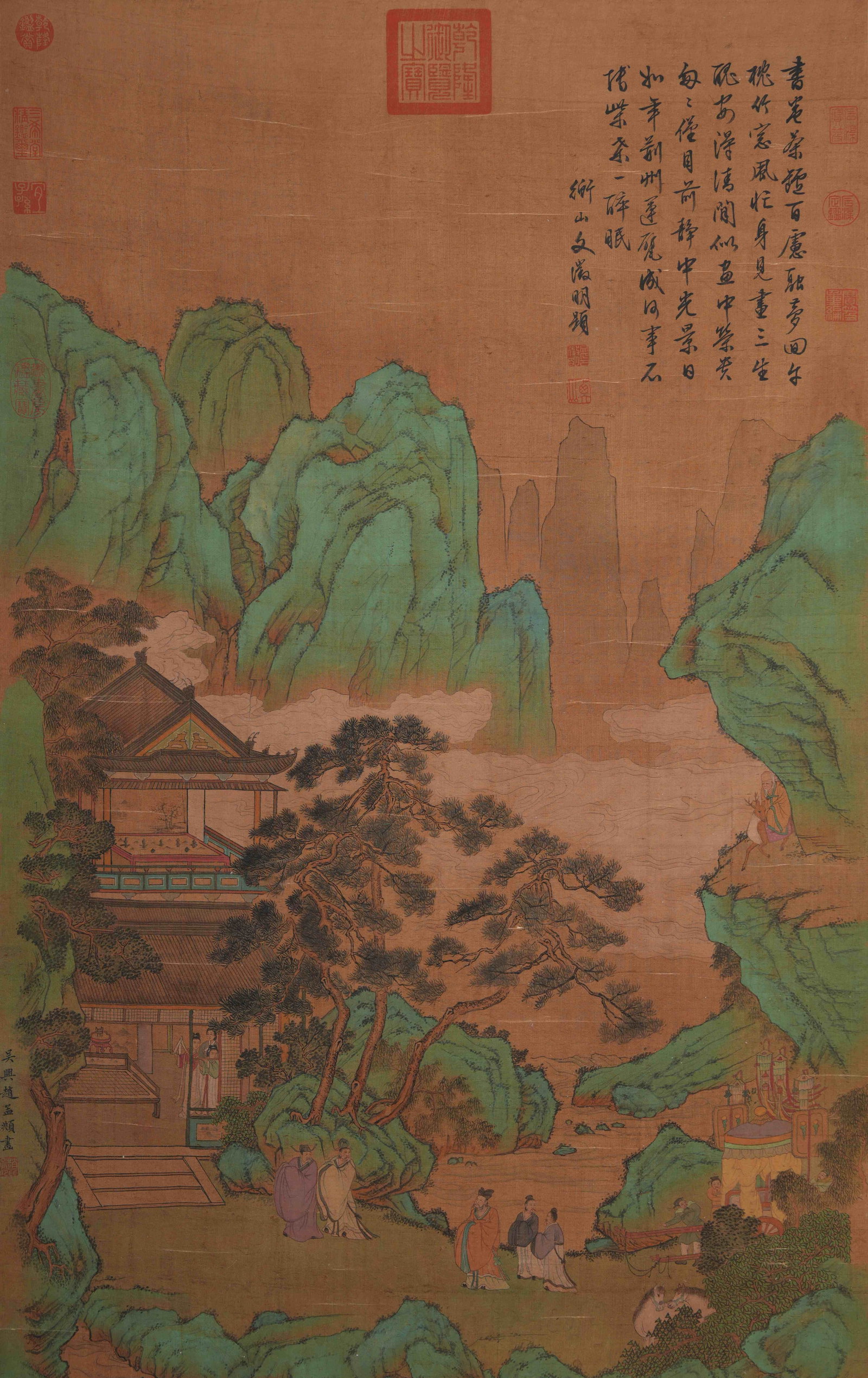 A LANDSCAPE AND FIGURE PAINTING ON SILK BY ZHAO MENGFU.趙孟頫: Landscape and Figure Painting on Silk by Zhao Mengfu.趙孟頫