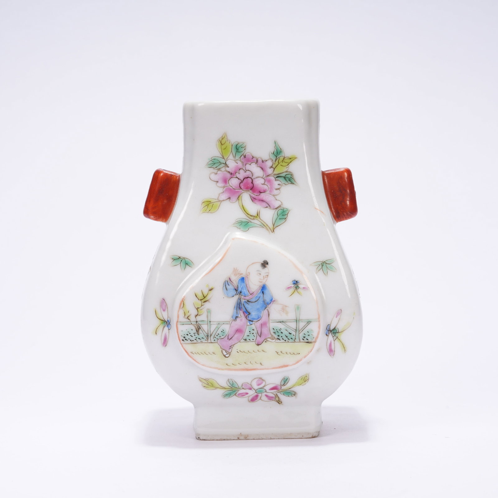A FAMILLE ROSE TUBULAR-EARED VASE WITH CHILDREN-AT-PLAY MOTIF: Famille Rose Tubular-Eared Vase with Children-at-Play Motif