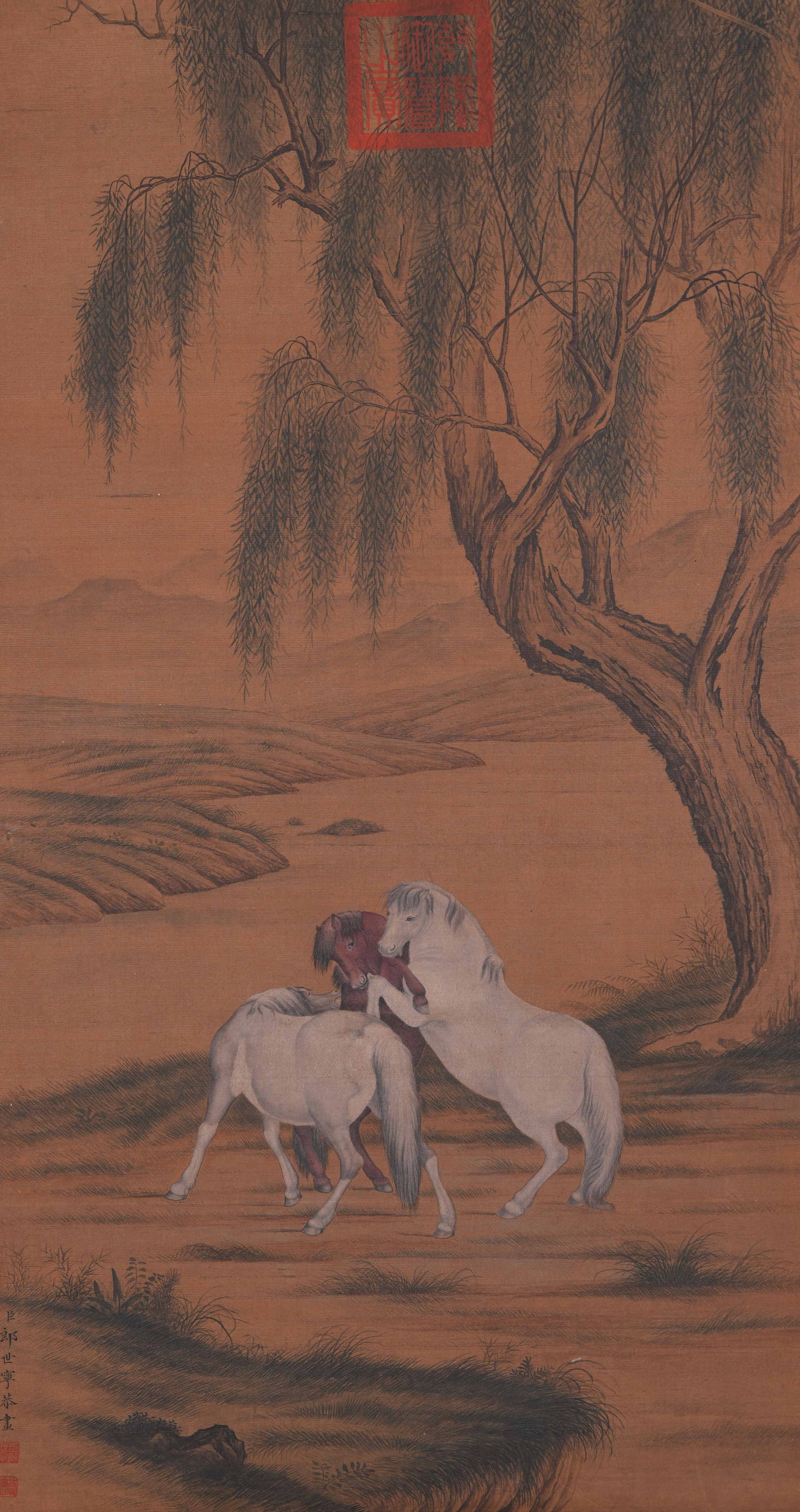 A PAINTING OF HORSES ON SILK BY GIUSEPPE CASTIGLIONE.郎世寧: Painting of Horses on Silk by Giuseppe Castiglione.郎世寧