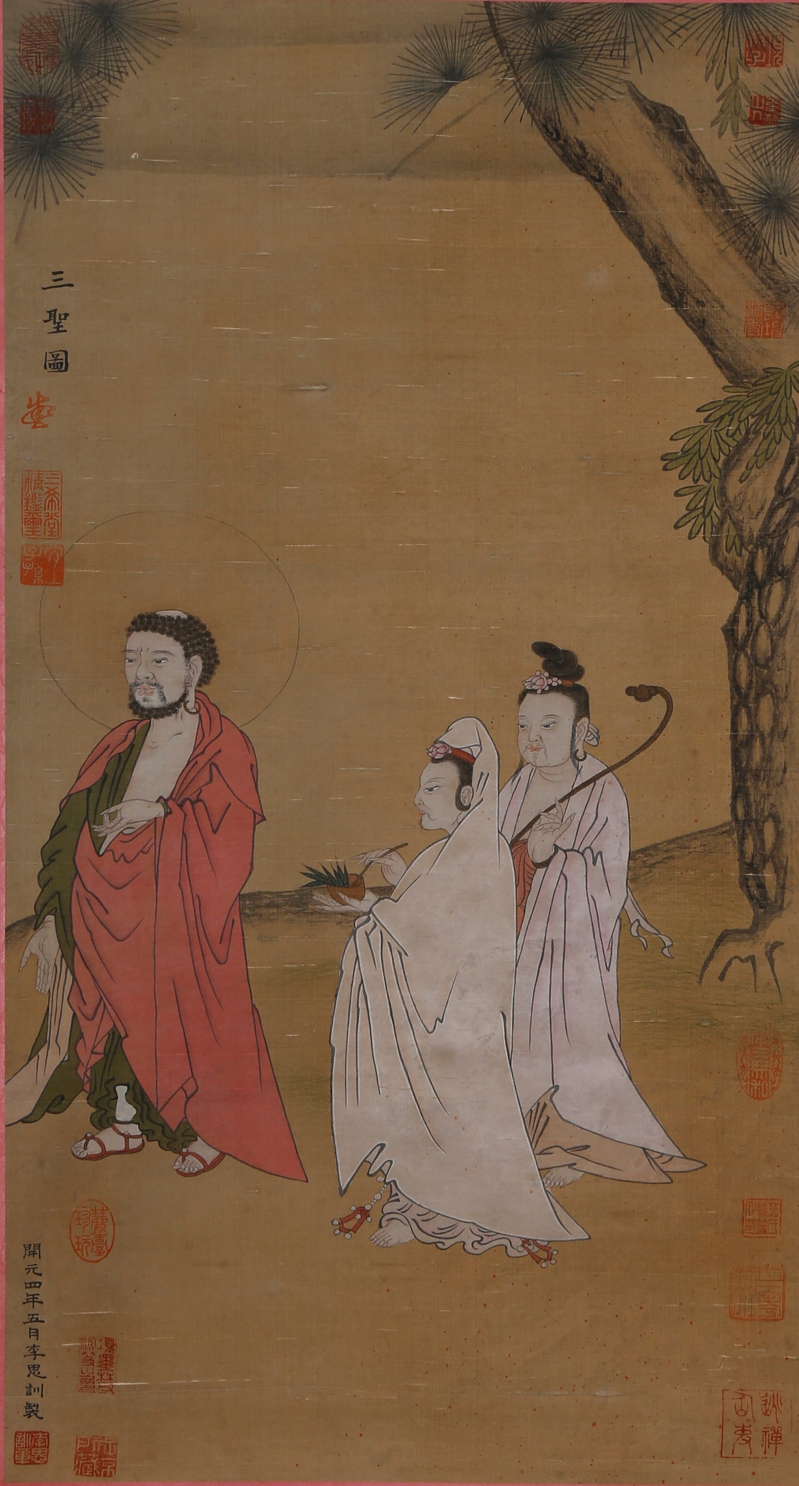 A THREE SAGES PAINTING ON SILK BY LI SIXUN.李思訓: Three Sages Painting on Silk by Li Sixun.李思訓