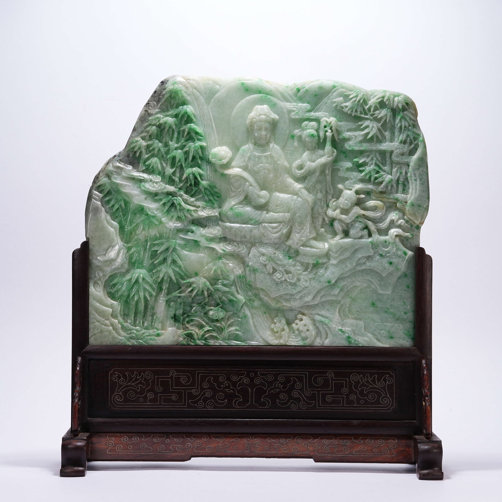 A JADEITE TABLE SCREEN WITH GUANYIN MOTIF: Jadeite Table Screen with Guanyin Motif