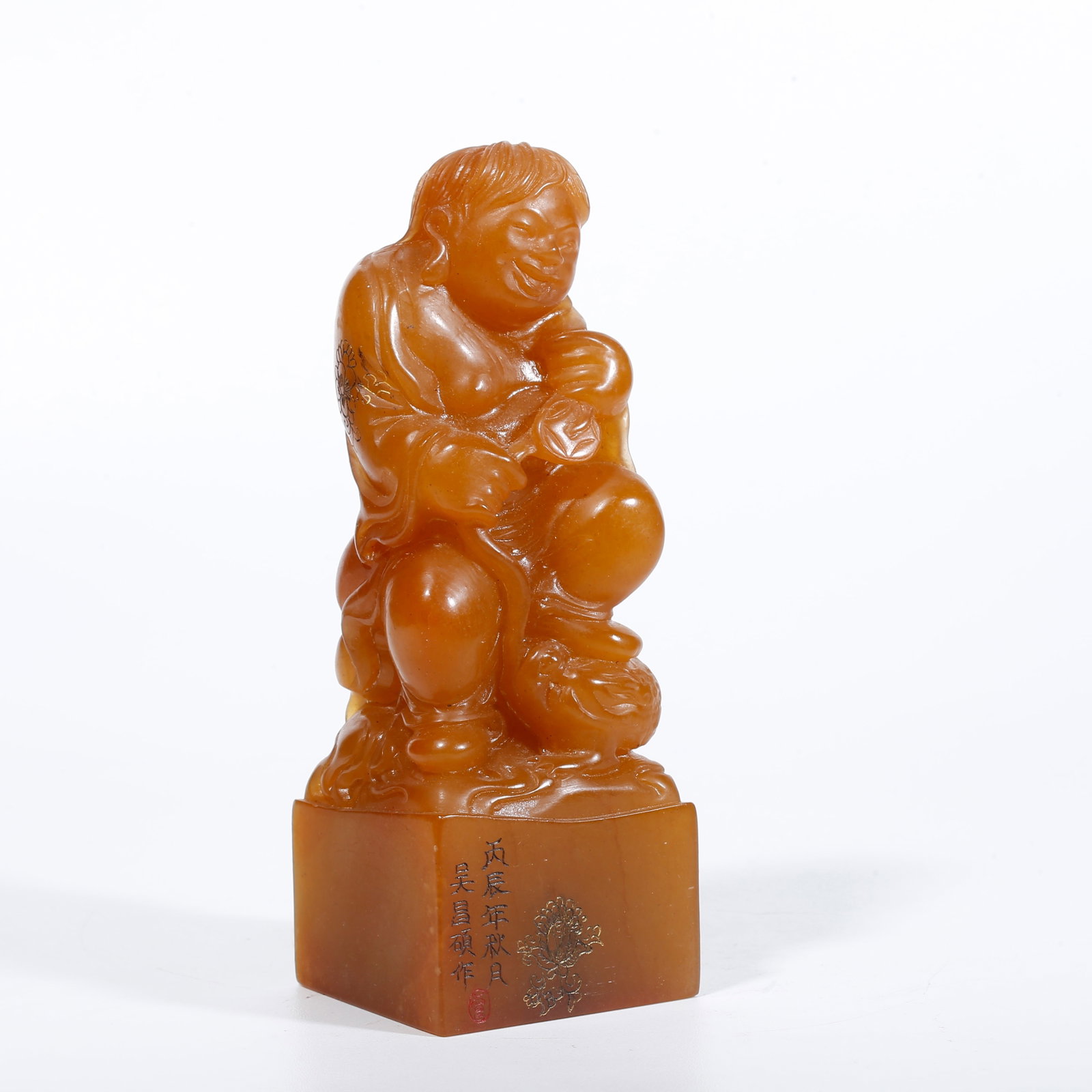 A SHOUSHAN STONE SEAL WITH FIGURE KNOB: Shoushan Stone Seal with Figure Knob