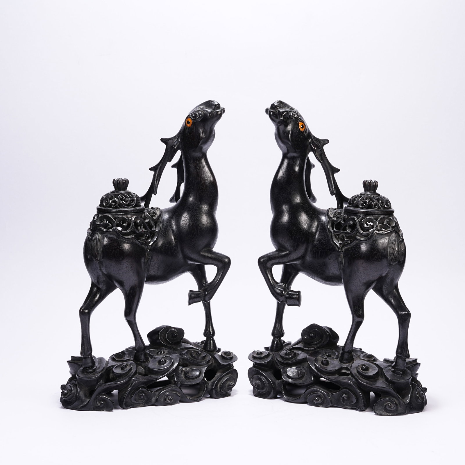 A SET OF RED SANDALWOOD INCENSE BURNERS OF DEER HOLDING GANODERMA: Set of Red Sandalwood Incense Burners of Deer Holding Ganoderma