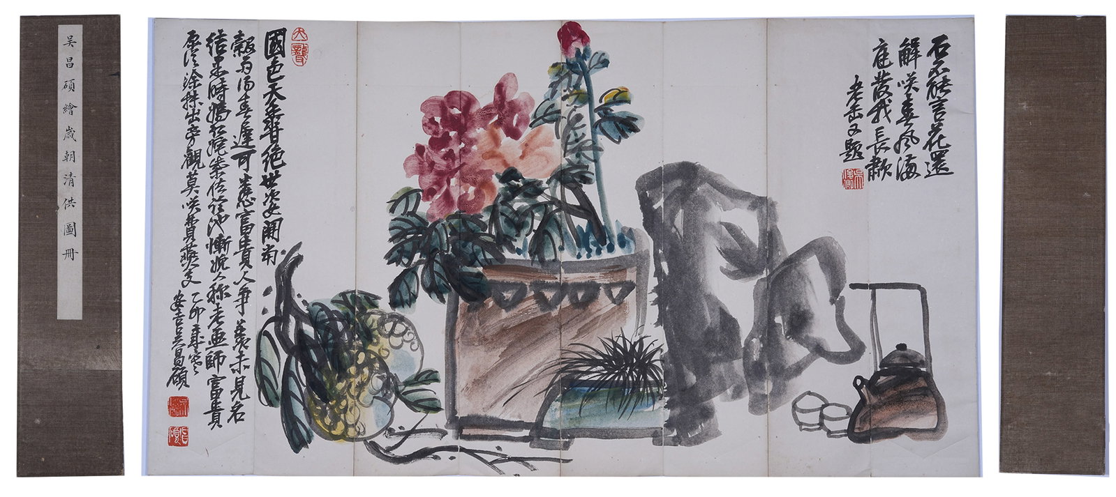 A ALBUM OF NEW YEAR OFFERINGS PAINTINGS ON PAPER BY WU CHANGSHUO (THREE LEAVES).吳昌: Album of New Year Offerings Paintings on Paper by Wu Changshuo (Three Leaves).吳昌碩
