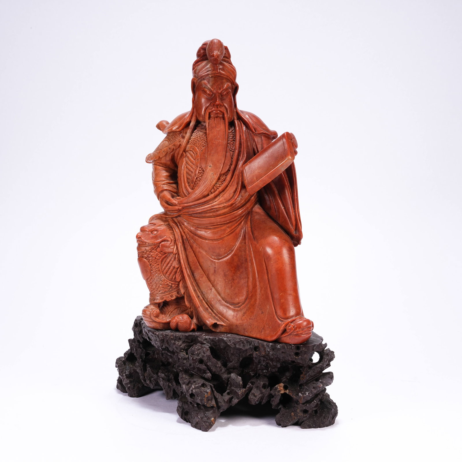 A SHOUSHAN STONE SEATED STATUE OF GUAN GONG: Shoushan Stone Seated Statue of Guan Gong