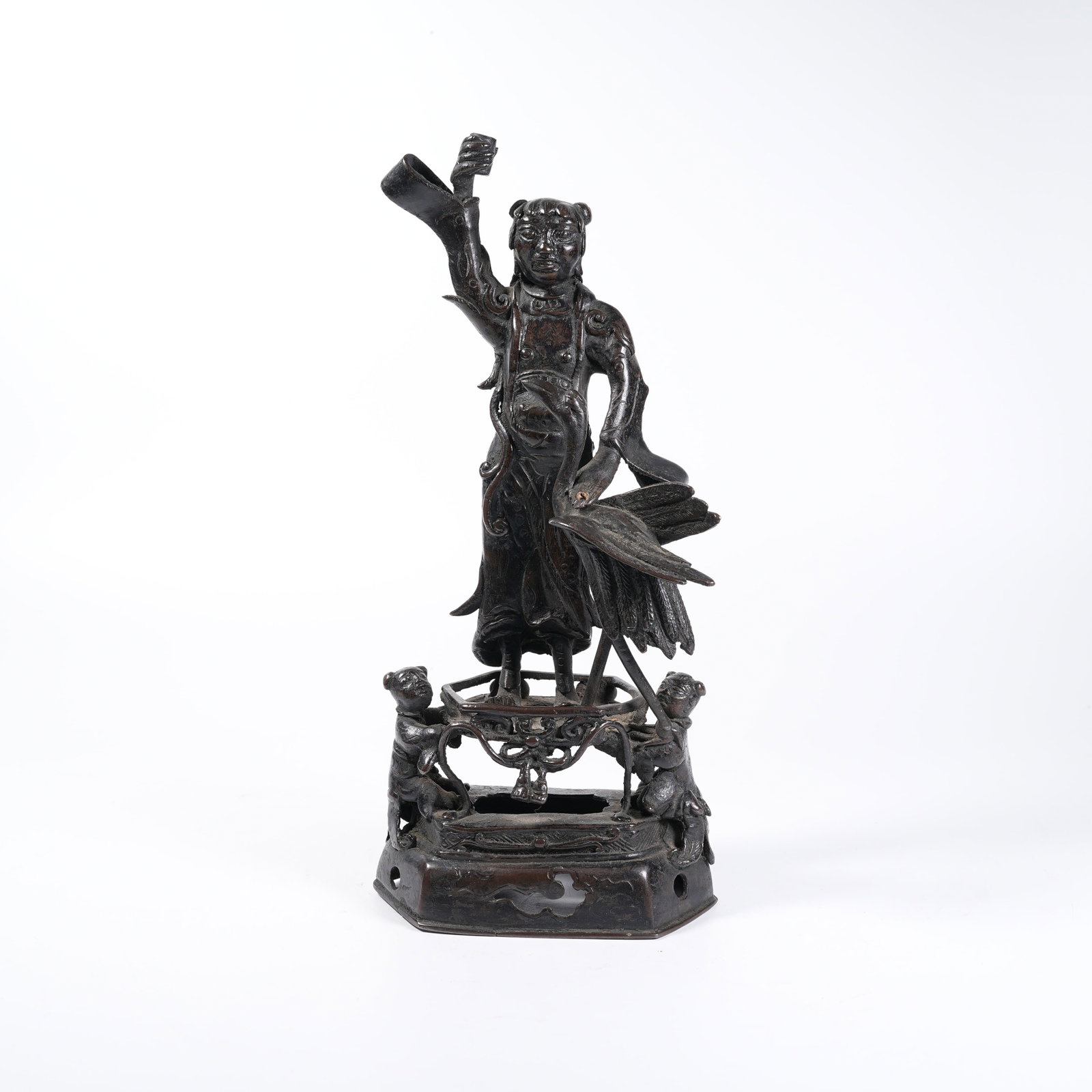 A BRONZE STANDING STATUE OF ZHONGLI QUAN: Bronze Standing Statue of Zhongli Quan