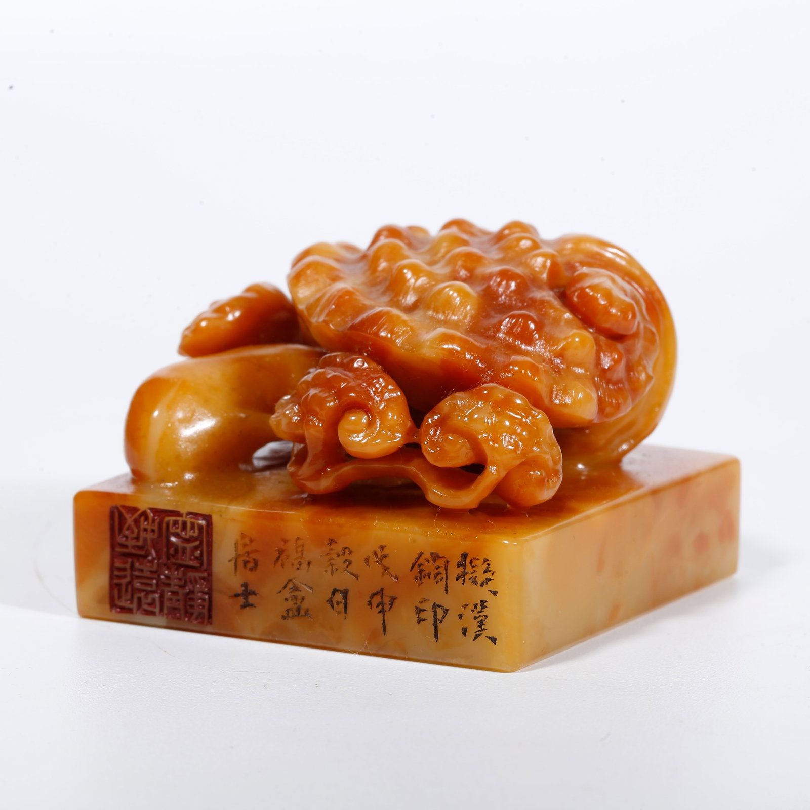 A SEAL WITH GANODERMA LUCIDUM KNOB CARVED FROM SHOUSHAN TIANHUANG STONE: Seal with ganoderma lucidum knob carved from Shoushan Tianhuang stone