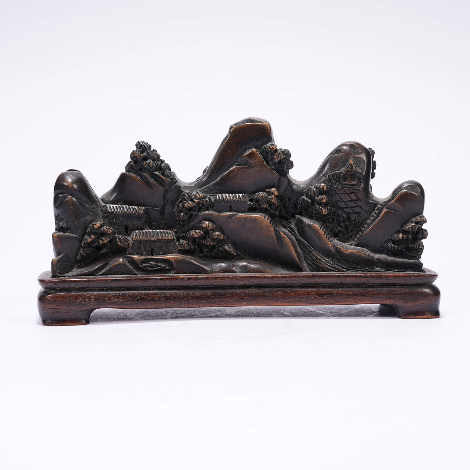 A RED SANDALWOOD BRUSH REST CARVED WITH LANDSCAPE AND PAVILION PATTERN (1 of 8)