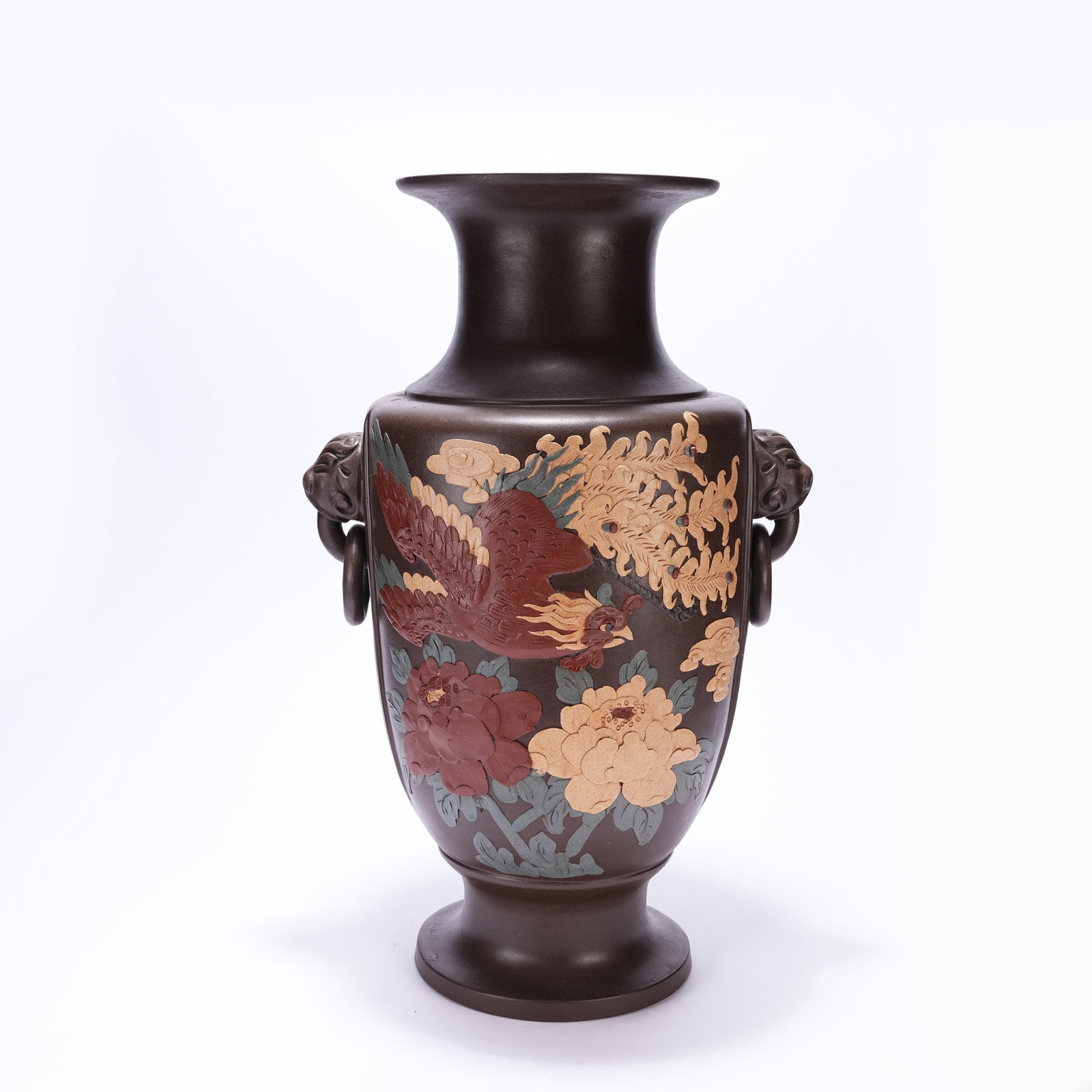 A PURPLE CLAY VASE WITH RAISED COLORED DRAGON AND BEAST HEAD HANDLES: Purple Clay Vase with Raised Colored Dragon and Beast Head Handles
