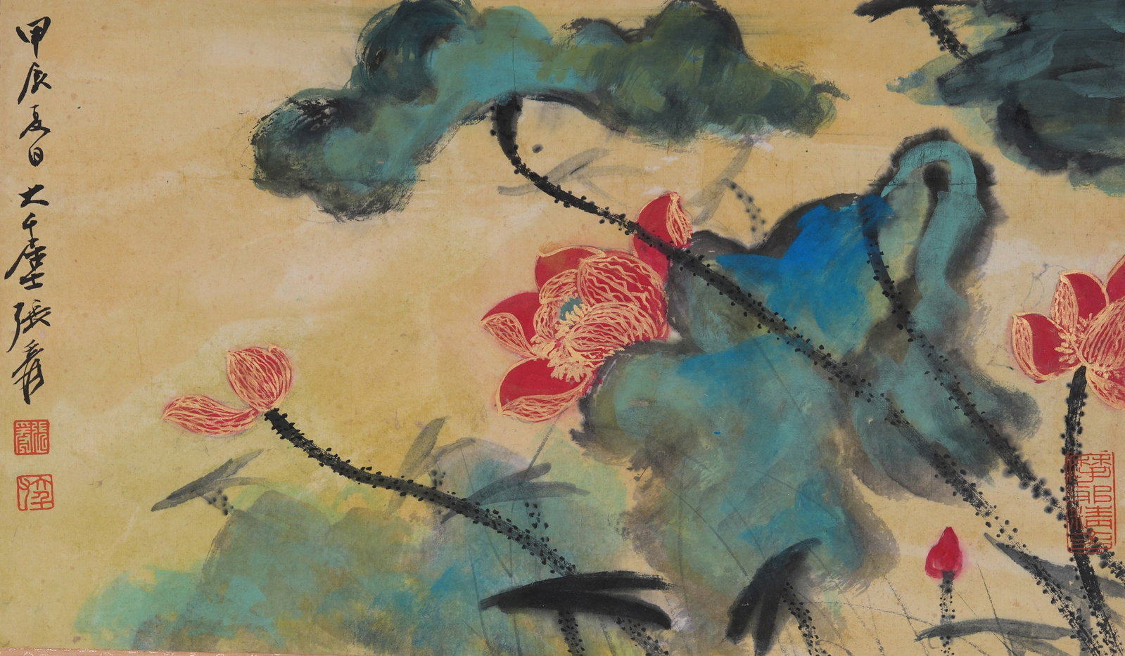 A LOTUS PAINTING ON PAPER BY ZHANG DAQIAN.張大千: Lotus Painting on Paper by Zhang Daqian.張大千