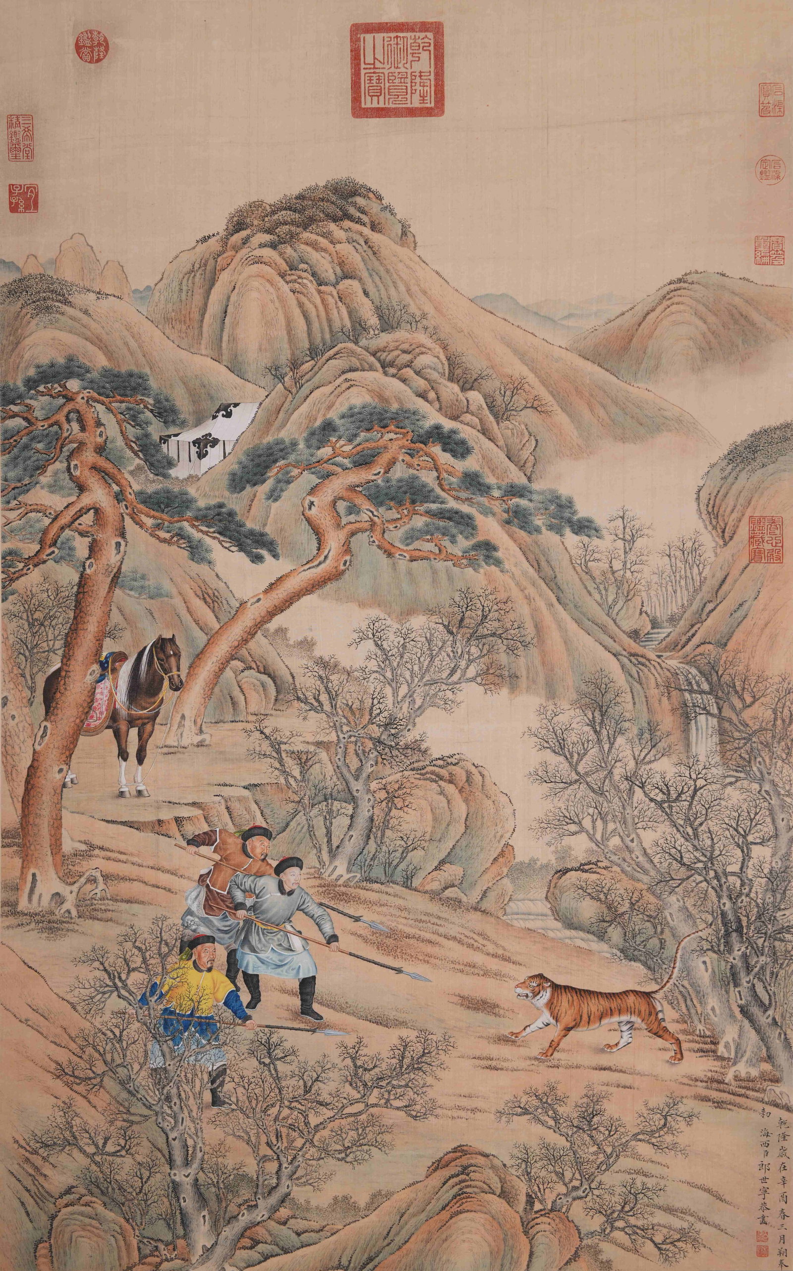A LANDSCAPE AND FIGURE PAINTING ON SILK BY GIUSEPPE CASTIGLIONE.郎世寧: Landscape and Figure Painting on Silk by Giuseppe Castiglione.郎世寧