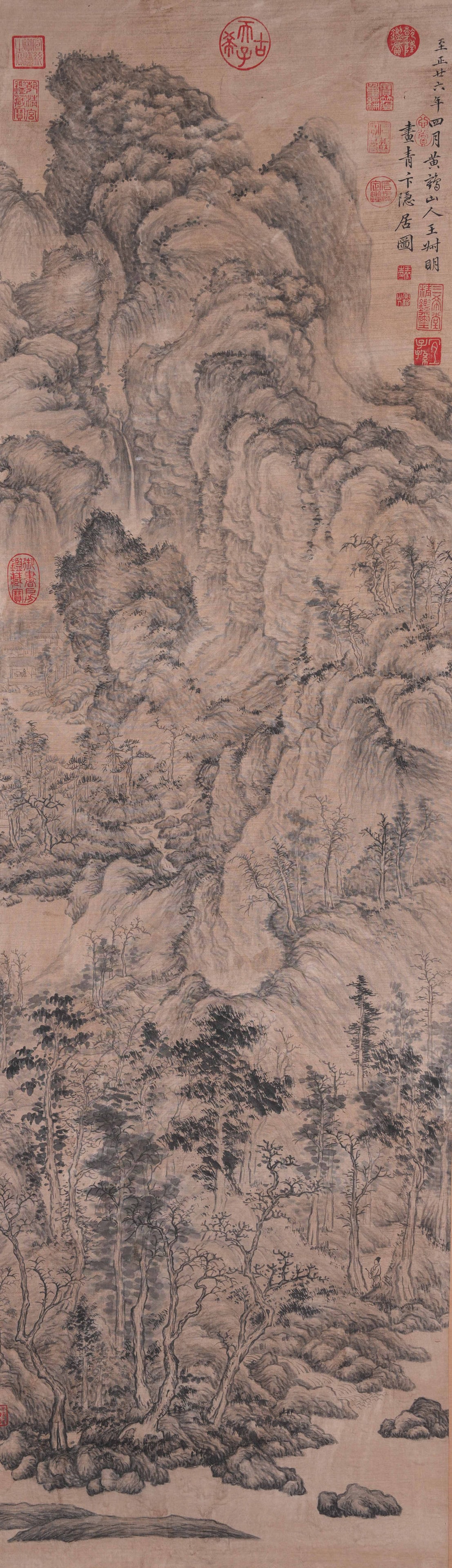 A RECLUSE DWELLING PAINTING ON SILK BY WANG MENG.王蒙: Recluse Dwelling Painting on Silk by Wang Meng.王蒙