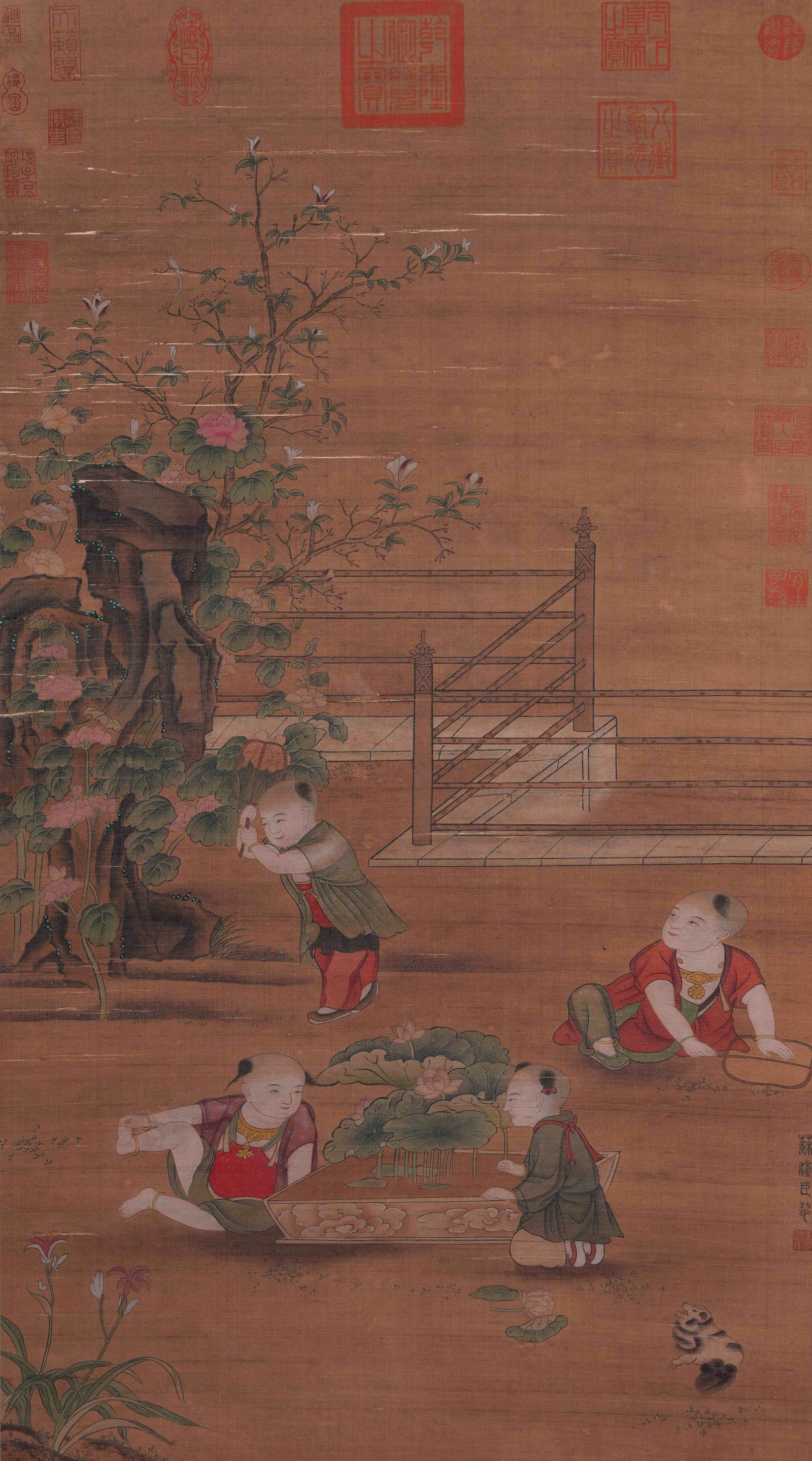 A CHILDREN AT PLAY PAINTING ON SILK BY SU HANCHEN.蘇漢臣: Children at Play Painting on Silk by Su Hanchen.蘇漢臣