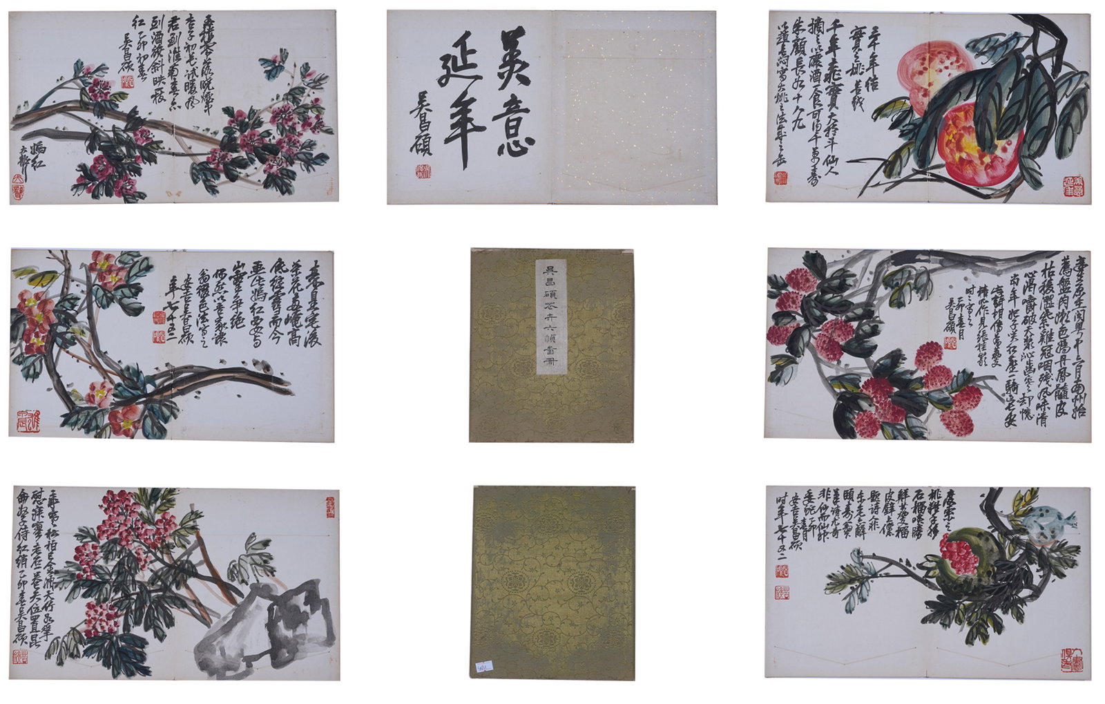 A ALBUM OF FLOWER PAINTINGS ON PAPER BY WU CHANGSHUO (SIX LEAVES).吳昌碩: Album of Flower Paintings on Paper by Wu Changshuo (Six Leaves).吳昌碩