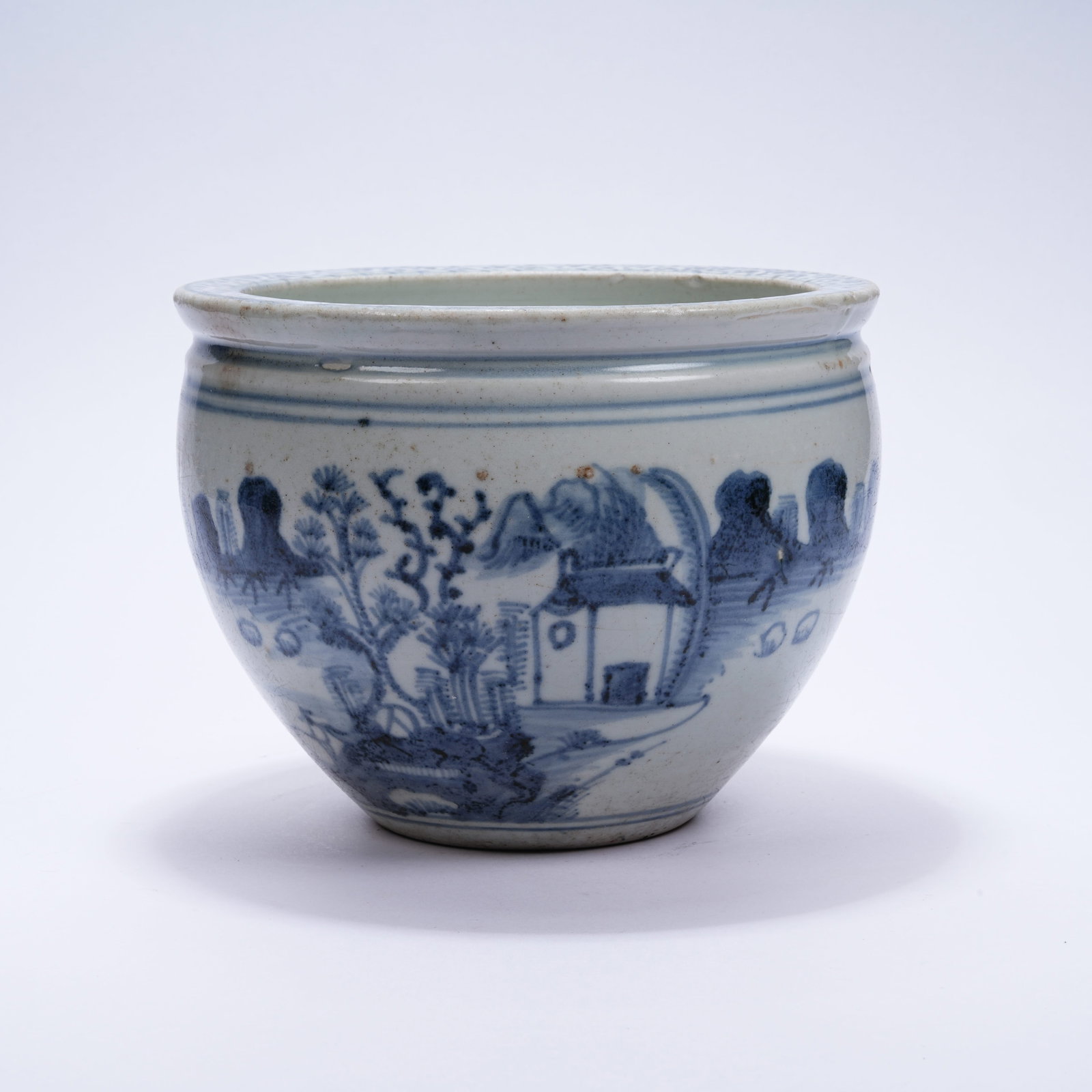 A BLUE AND WHITE TABLE CENSER WITH LANDSCAPE AND FIGURE MOTIFS: Blue and White Table Censer with Landscape and Figure Motifs