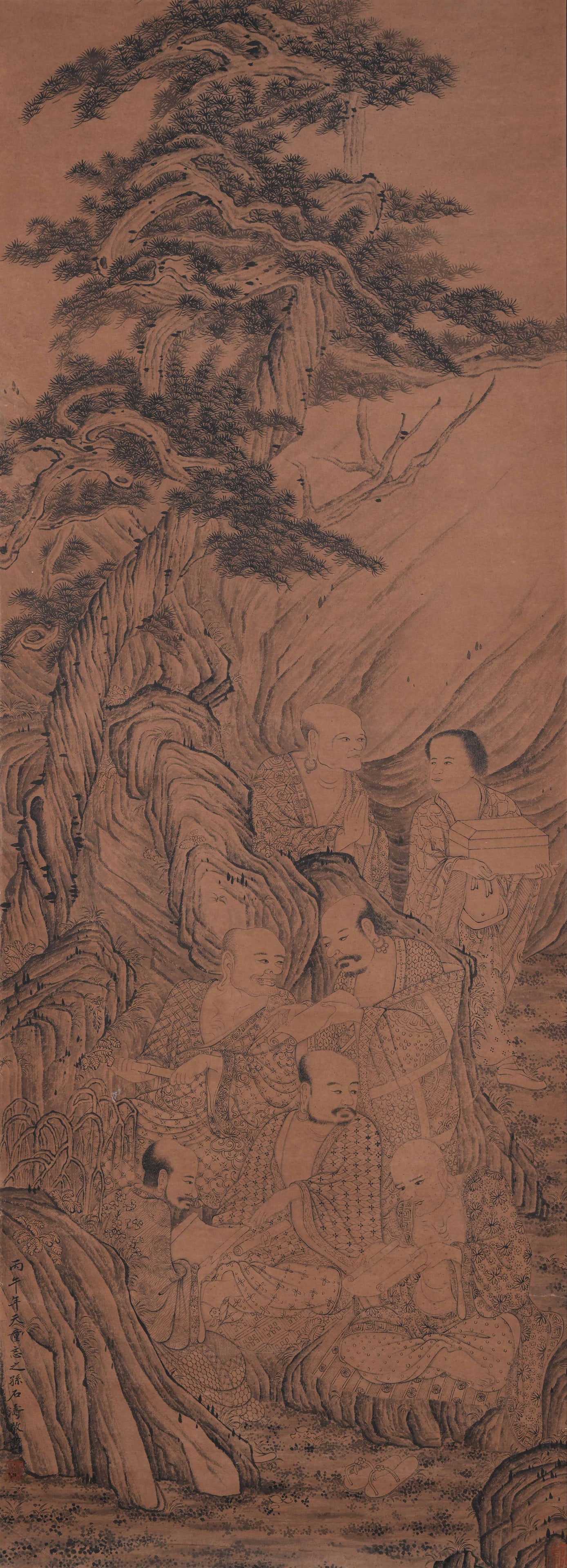A PAINTING OF ARHATS ON PAPER BY SHITAO.石濤: Painting of Arhats on Paper by Shitao.石濤