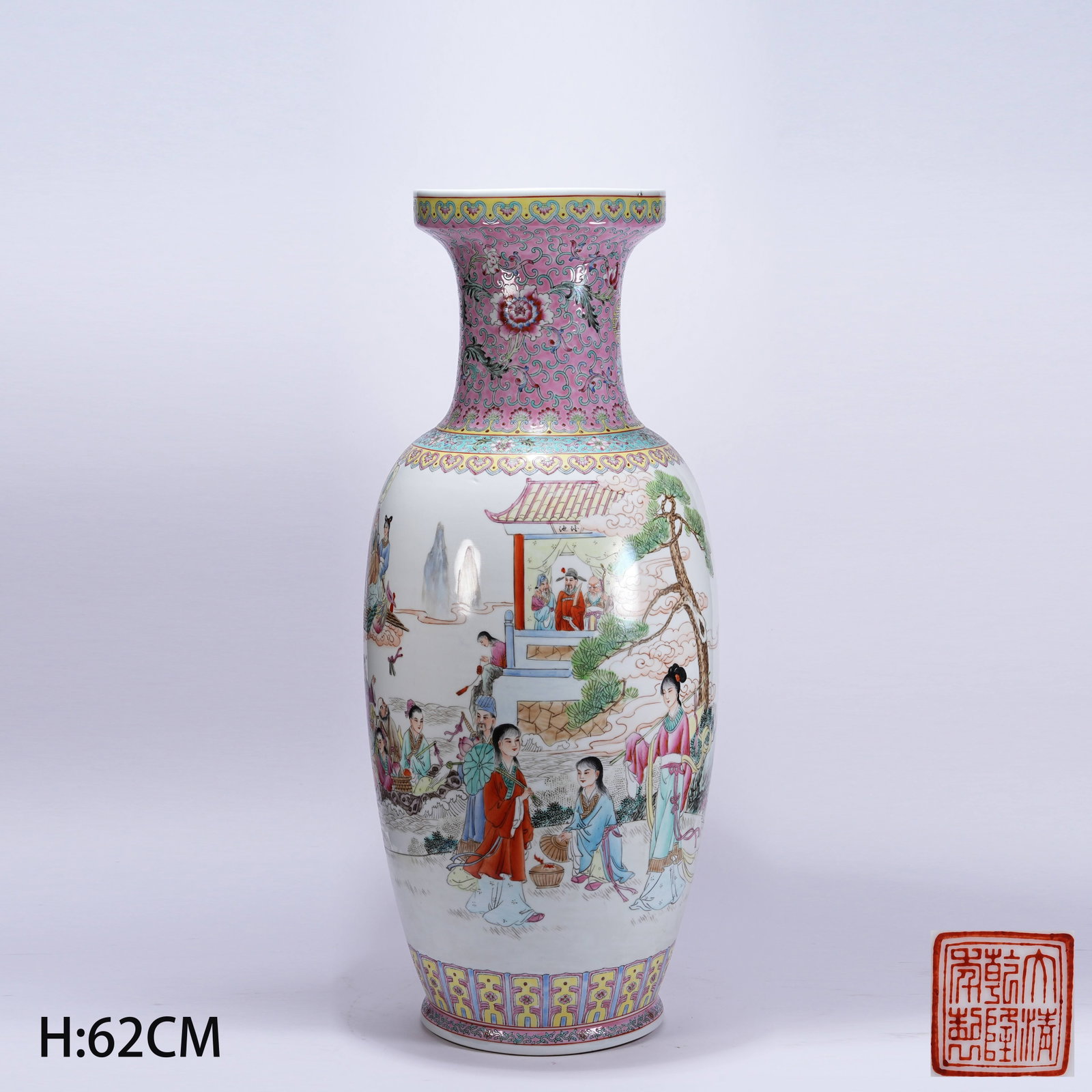 A CLUB-SHAPED VASE WITH EIGHT IMMORTALS CELEBRATING LONGEVITY PATTERN IN FAMILLE ROSE (1 of 10)