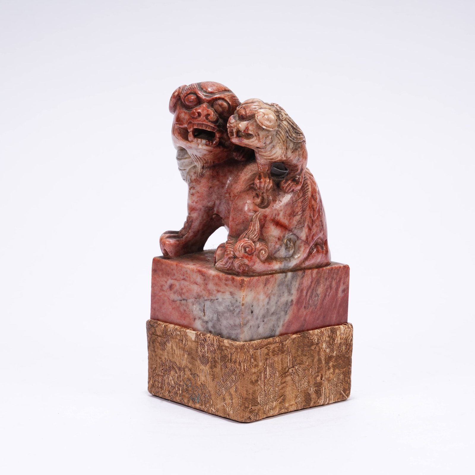 A SHOUSHAN STONE SEAL WITH MOTHER AND CUB LION KNOB: Shoushan Stone Seal with Mother and Cub Lion Knob