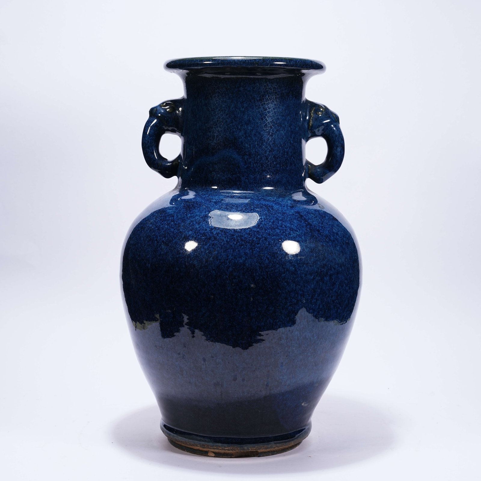 A ELEPHANT-EARED ZUN VASE IN SPLASHED BLUE GLAZE (1 of 9)