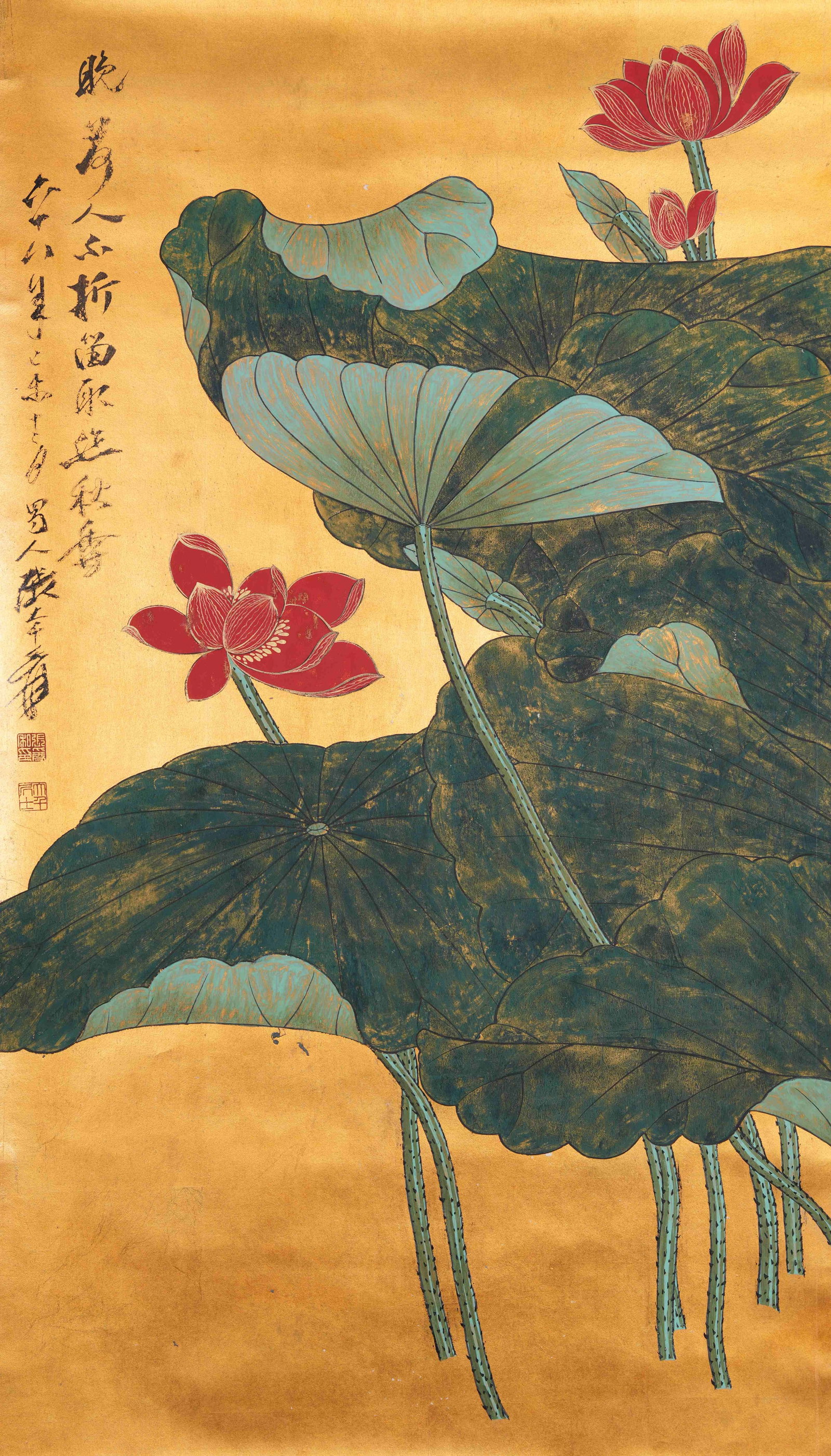 A LOTUS PAINTING ON PAPER BY ZHANG DAQIAN.張大千: Lotus Painting on Paper by Zhang Daqian.張大千