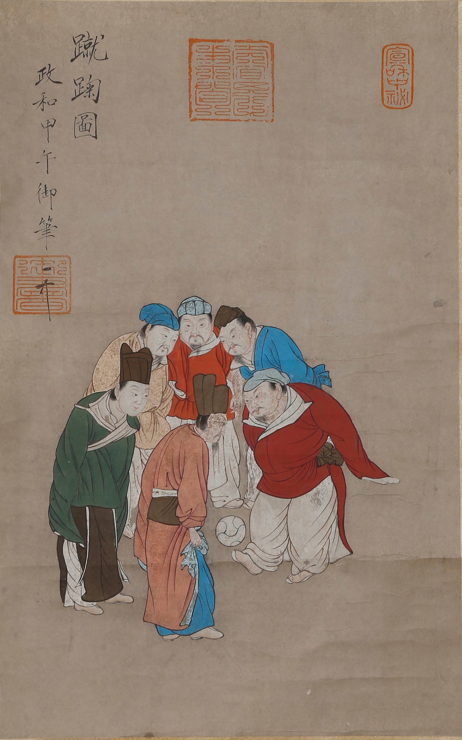 A CUJU GAME PAINTING ON PAPER BY EMPEROR HUIZONG OF SONG.宋徽宗: Cuju Game Painting on Paper by Emperor Huizong of Song.宋徽宗