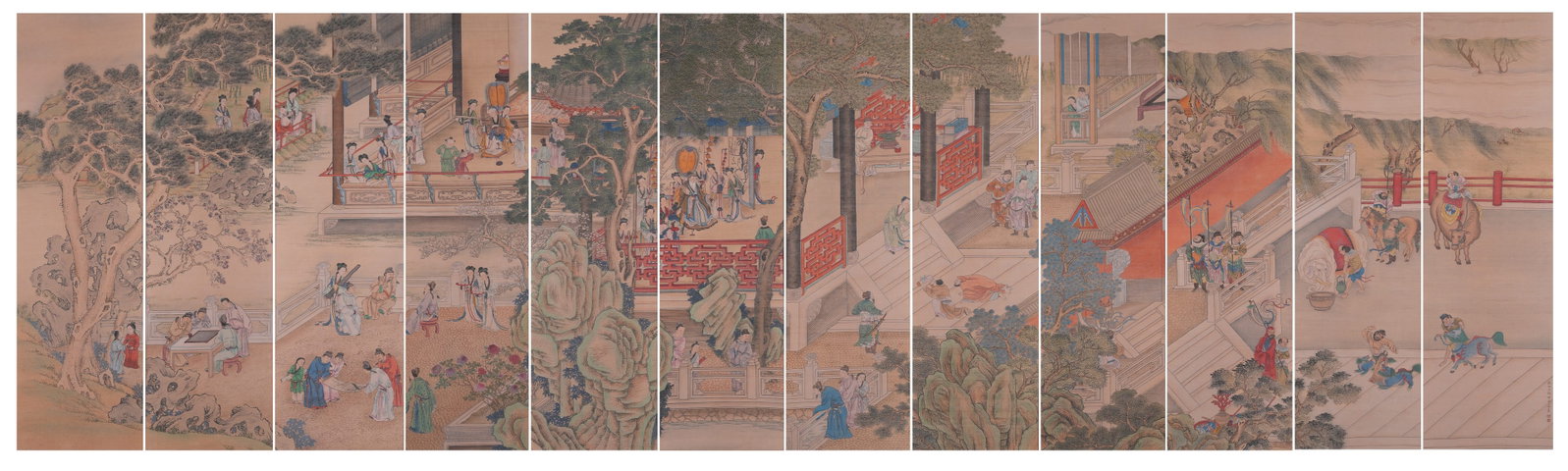 A FIGURE PAINTINGS ON SILK BY GIUSEPPE CASTIGLIONE (TWELVE PIECES).郎世寧: Figure Paintings on Silk by Giuseppe Castiglione (Twelve Pieces).郎世寧