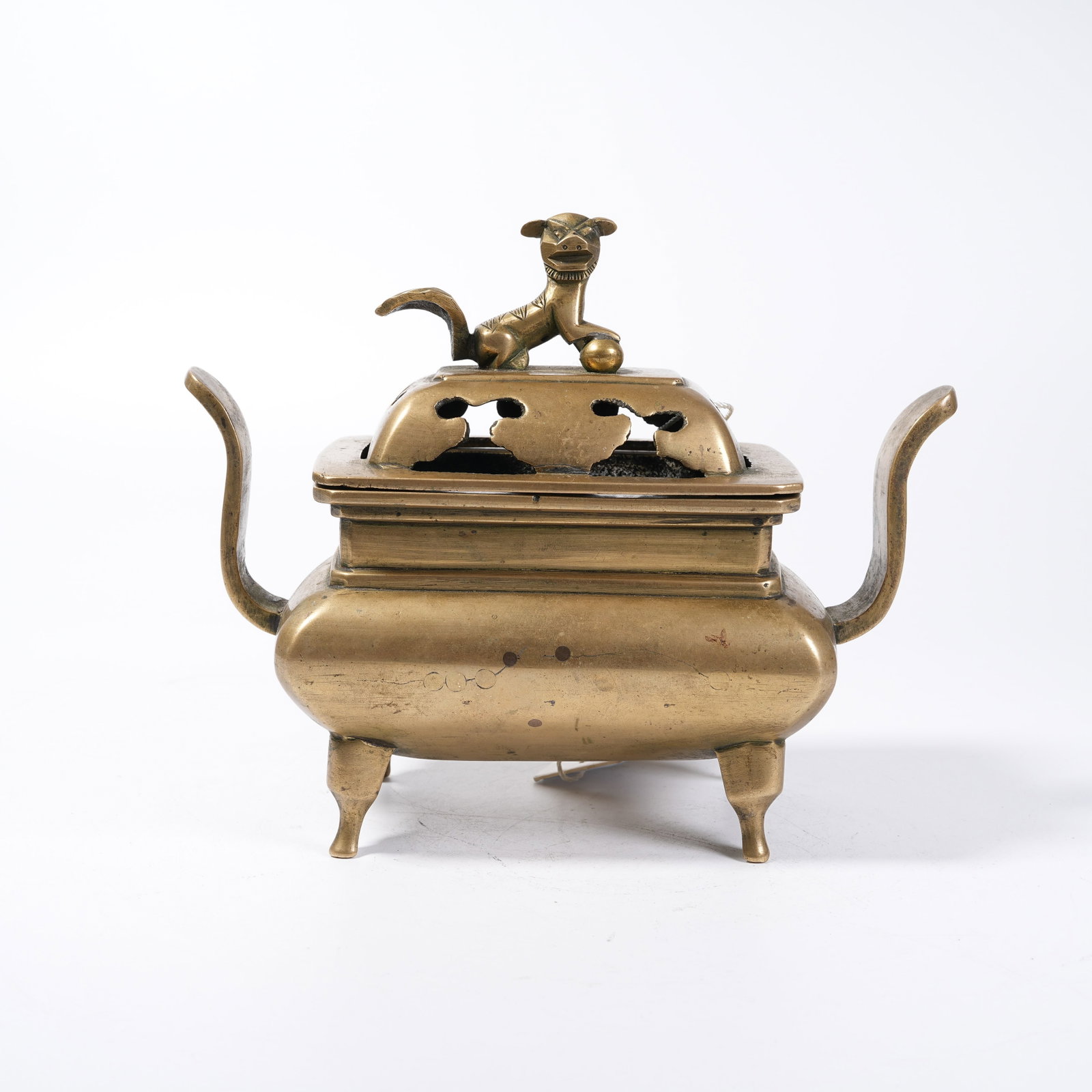 A BRONZE CENSER WITH COURT HAT-SHAPED EARS AND LION KNOB: Bronze Censer with Court Hat-shaped Ears and Lion Knob