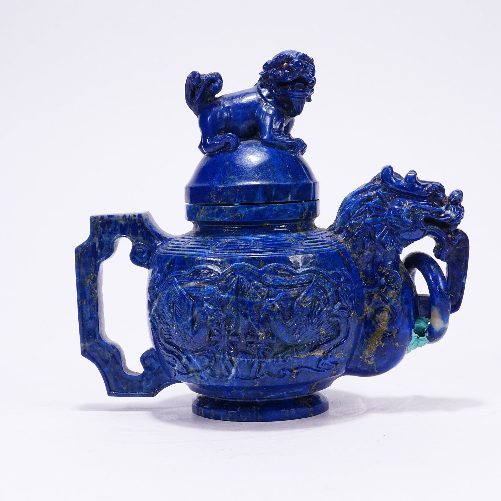 A LAPIS LAZULI CENSER WITH DRAGON SPOUT AND BEAST KNOB: Lapis Lazuli Censer with Dragon Spout and Beast Knob