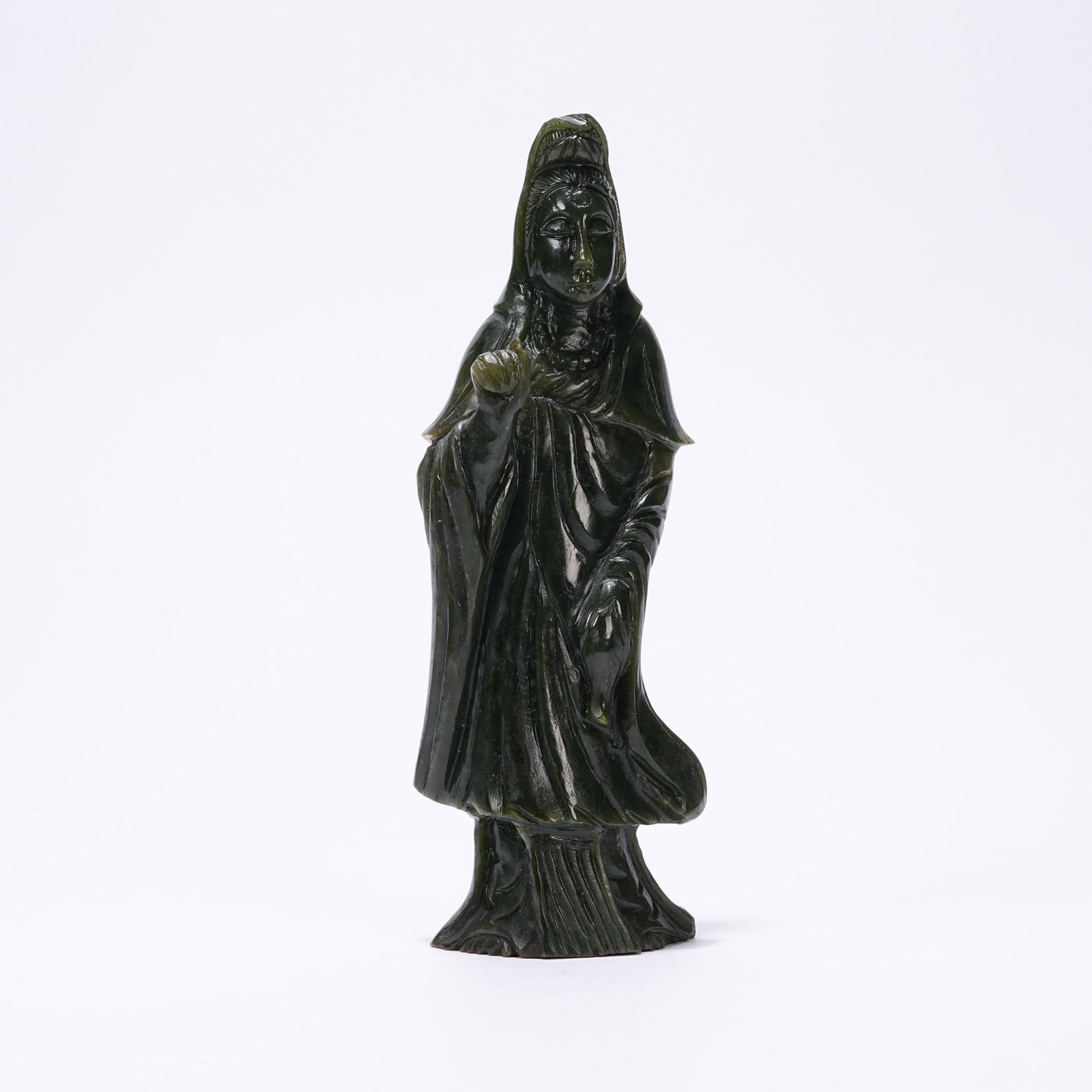 A GREEN NEPHRITE STANDING GUANYIN STATUE: Green Nephrite Standing Guanyin Statue