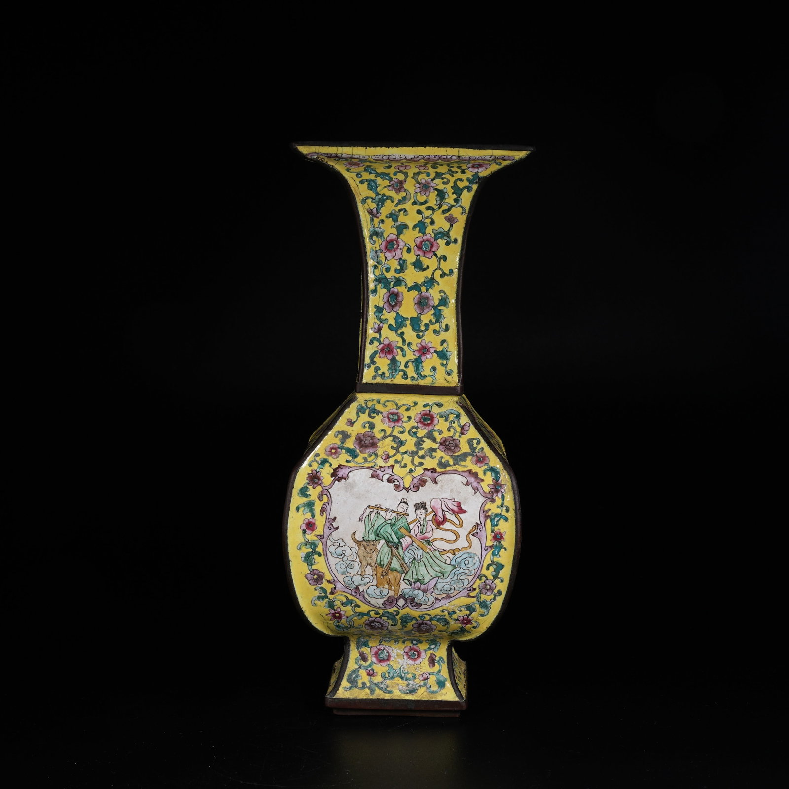 A CLOISONNE GU VASE WITH FLORAL PATTERNS ON BRONZE BODY: Cloisonne Gu Vase with Floral Patterns on Bronze Body