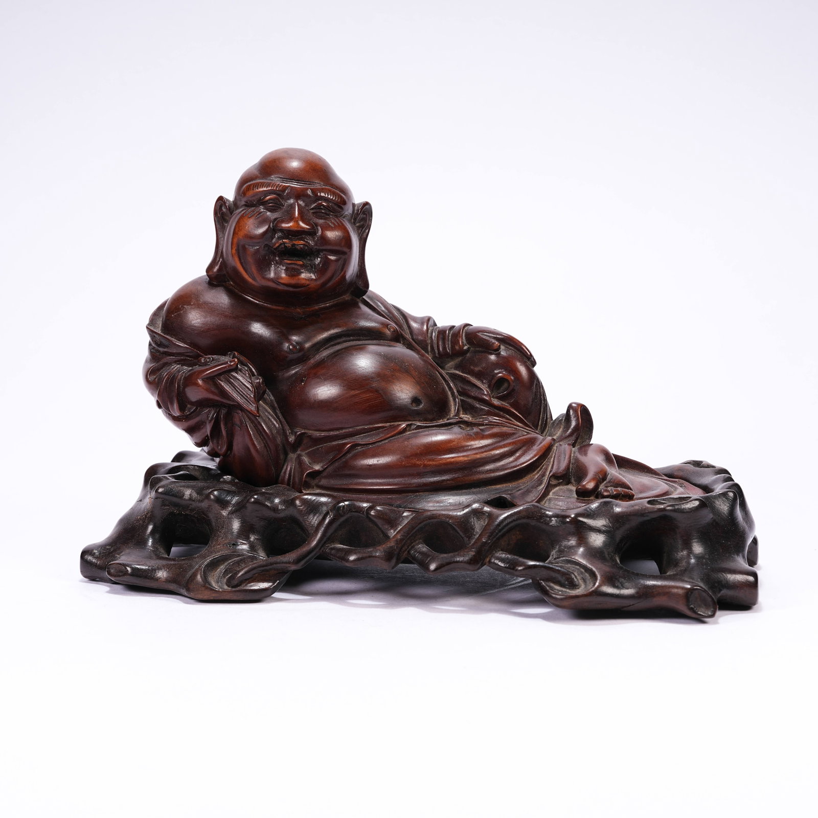 A HUANGHUALI WOOD RECUMBENT MAITREYA STATUE: Huanghuali Wood Recumbent Maitreya Statue