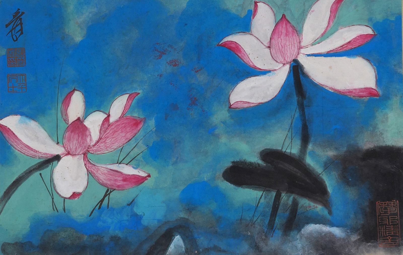 A LOTUS PAINTING ON PAPER BY ZHANG DAQIAN.張大千: Lotus Painting on Paper by Zhang Daqian.張大千