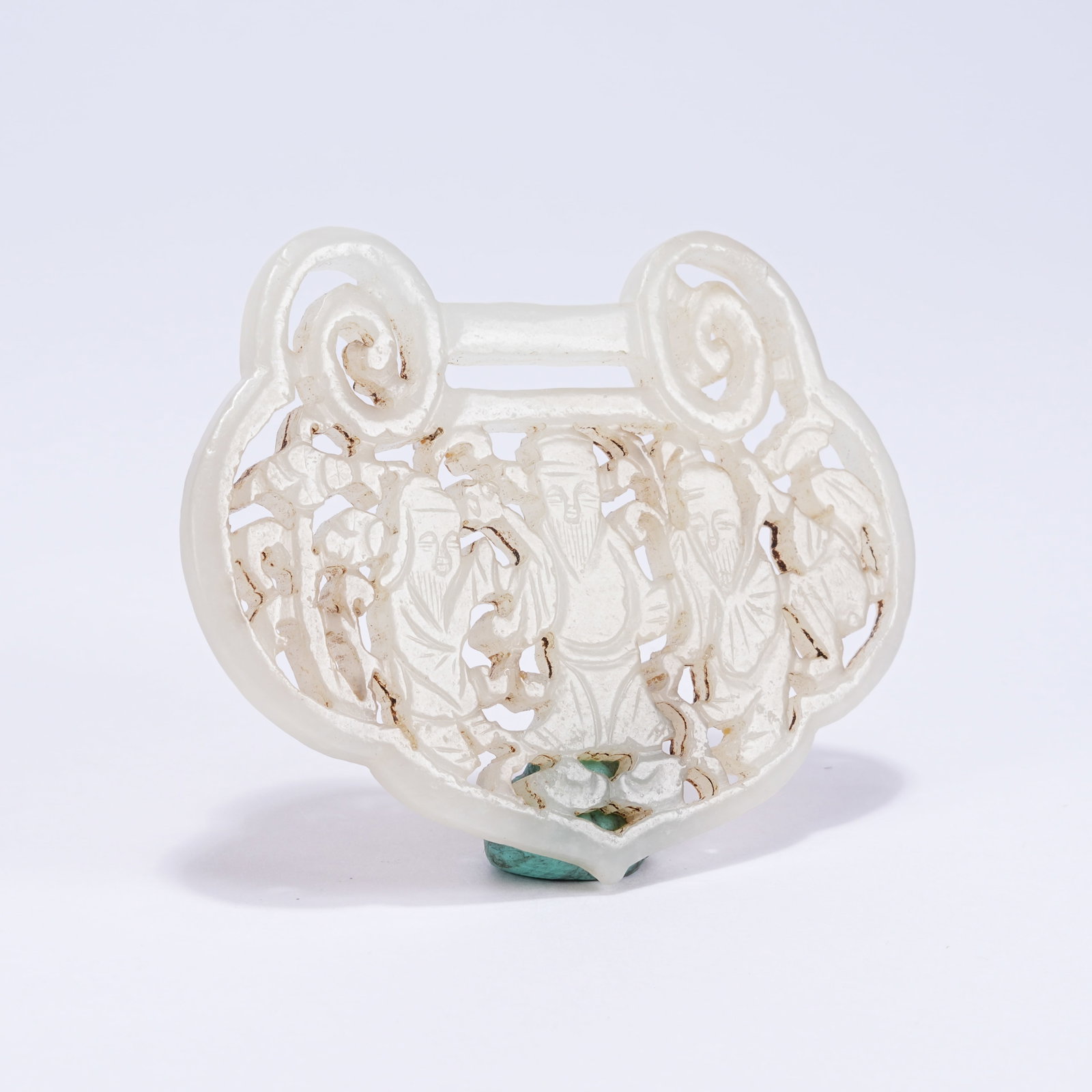 A HETIAN JADE LONGEVITY LOCK WITH FORTUNE, PROSPERITY AND LONGEVITY PATTERN: Hetian Jade Longevity Lock with Fortune, Prosperity and Longevity Pattern