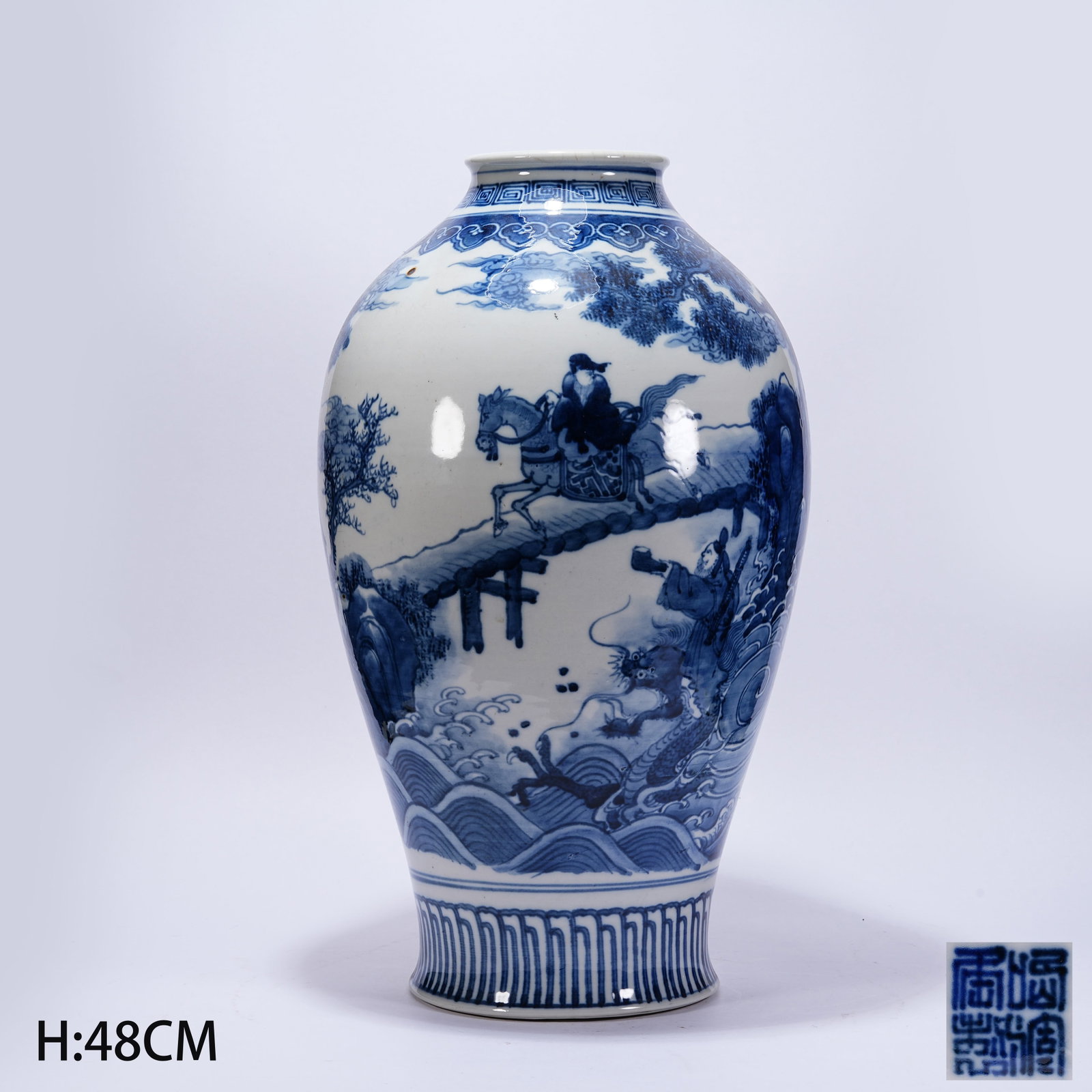 A DECORATIVE VASE WITH FIGURE STORY MOTIFS IN BLUE AND WHITE: Decorative Vase with Figure Story Motifs in Blue and White