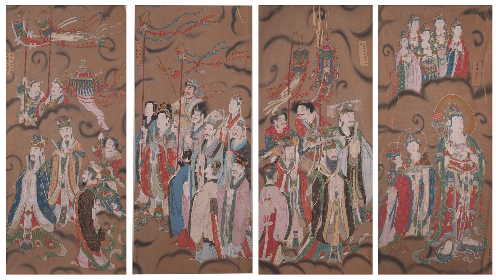 A WATER-LAND RITUAL PAINTINGS ON SILK BY DING GUANPENG (FOUR PIECES).丁觀鵬: Water-Land Ritual Paintings on Silk by Ding Guanpeng (Four Pieces).丁觀鵬